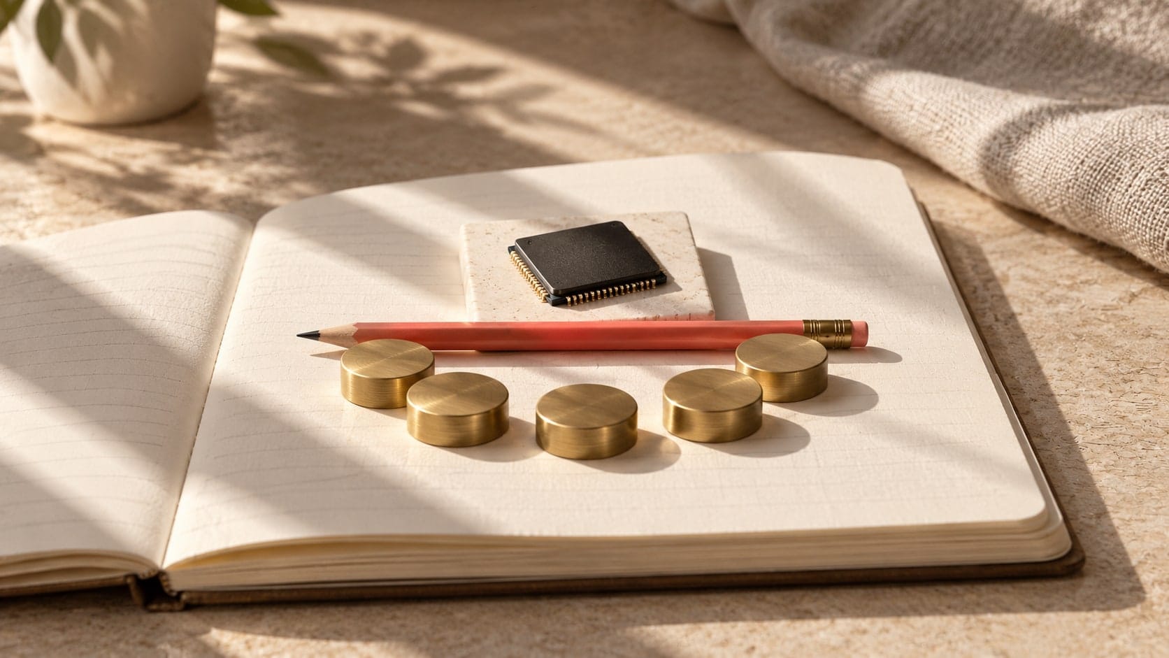 Editorial illustration of a microchip and trading tokens connected by a coral pencil on a research notebook