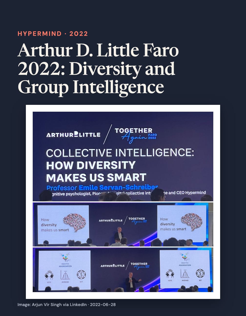 “Arthur D. Little Faro 2022: Diversity and Group Intelligence” above three conference photographs showing Émile Servan-Schreiber and slides reading “Collective intelligence: How diversity makes us smart” on navy.