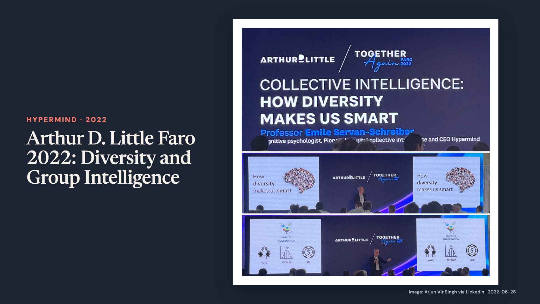“Arthur D. Little Faro 2022: Diversity and Group Intelligence” beside three conference photographs showing Émile Servan-Schreiber and slides reading “Collective intelligence: How diversity makes us smart” on navy.