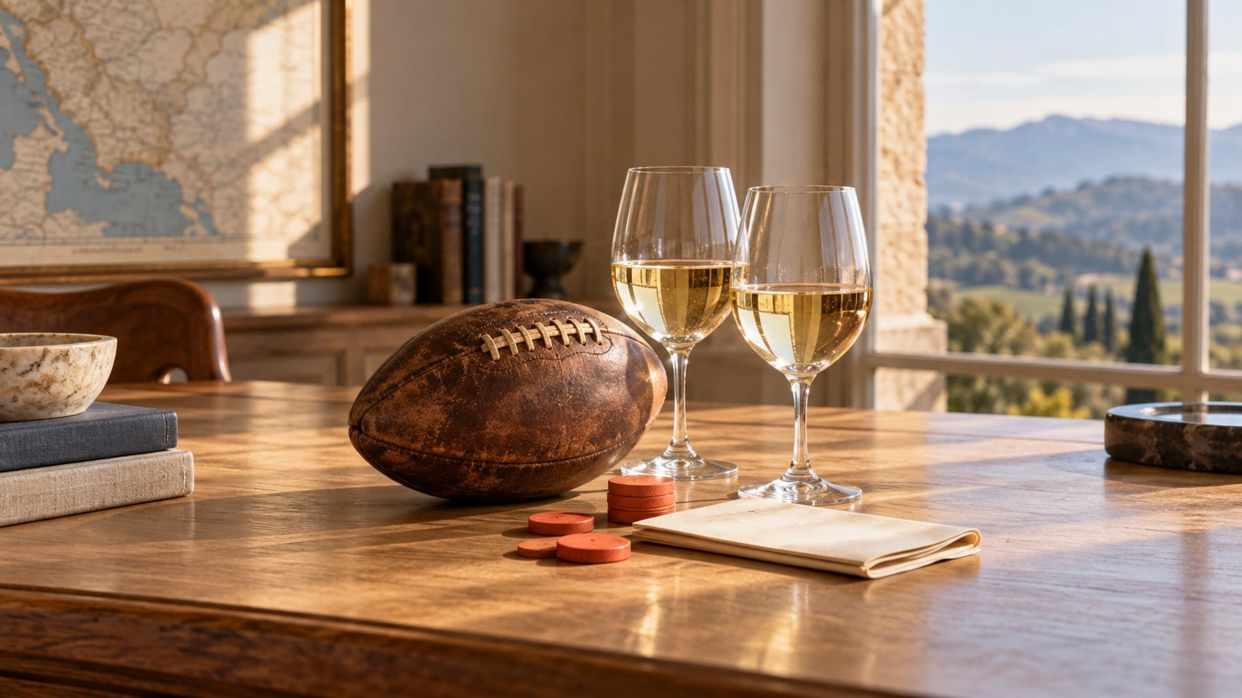 Editorial illustration of an American football, two glasses of white wine and coral game tokens recalling a forecasting experiment.
