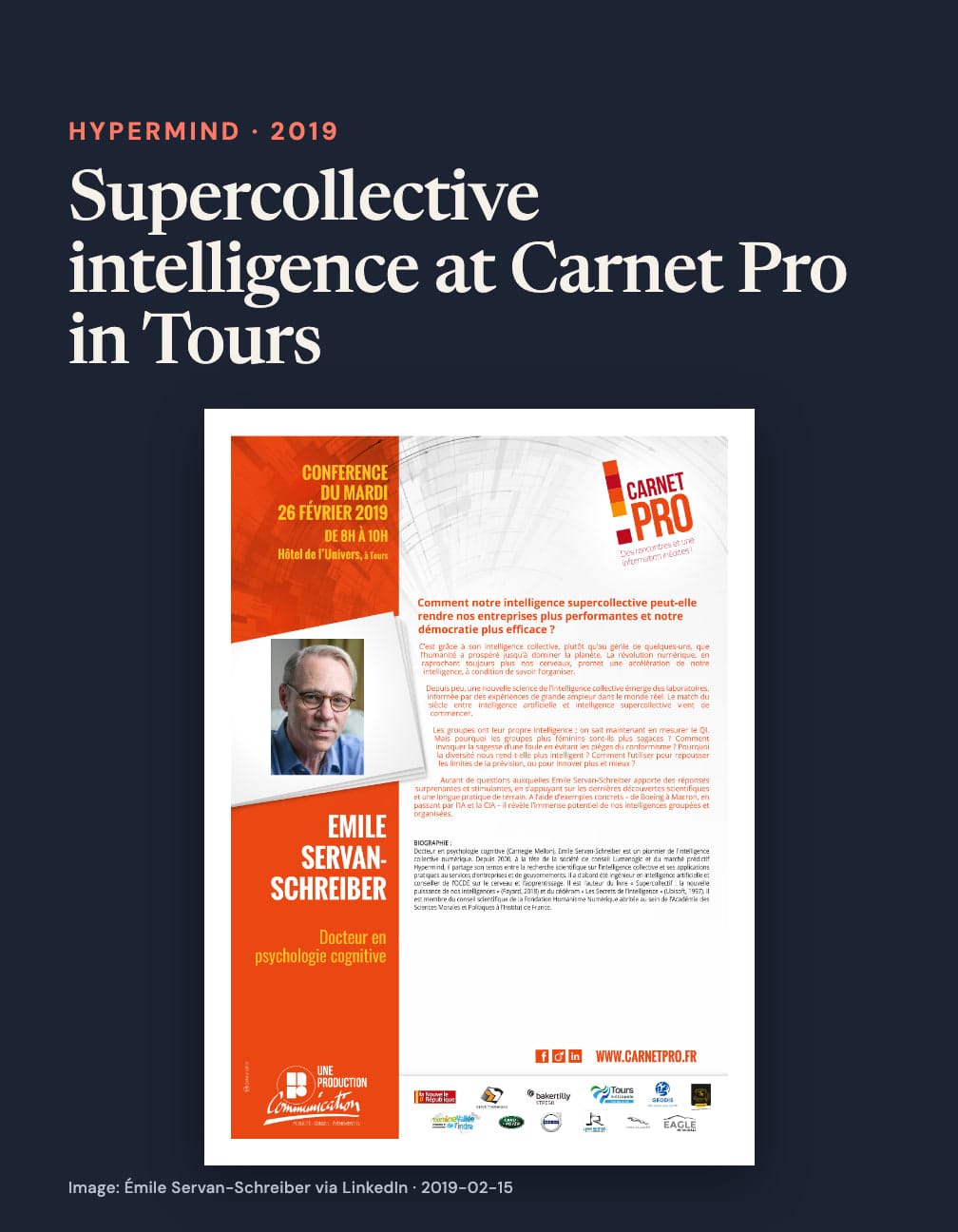 “Supercollective intelligence at Carnet Pro in Tours” appears above an orange and white Carnet Pro poster with Émile Servan-Schreiber’s portrait, advertising a conference on 26 February 2019, 8–10am, at Hôtel de l’Univers in Tours.