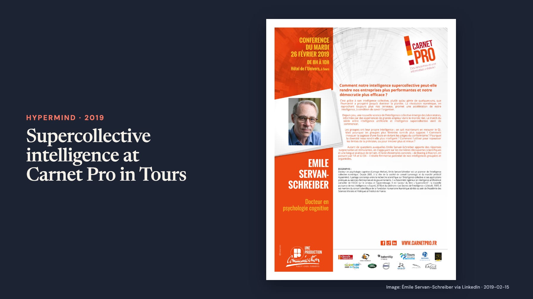 “Supercollective intelligence at Carnet Pro in Tours” sits beside an orange and white Carnet Pro poster with Émile Servan-Schreiber’s portrait, advertising a conference on 26 February 2019, 8–10am, at Hôtel de l’Univers in Tours.