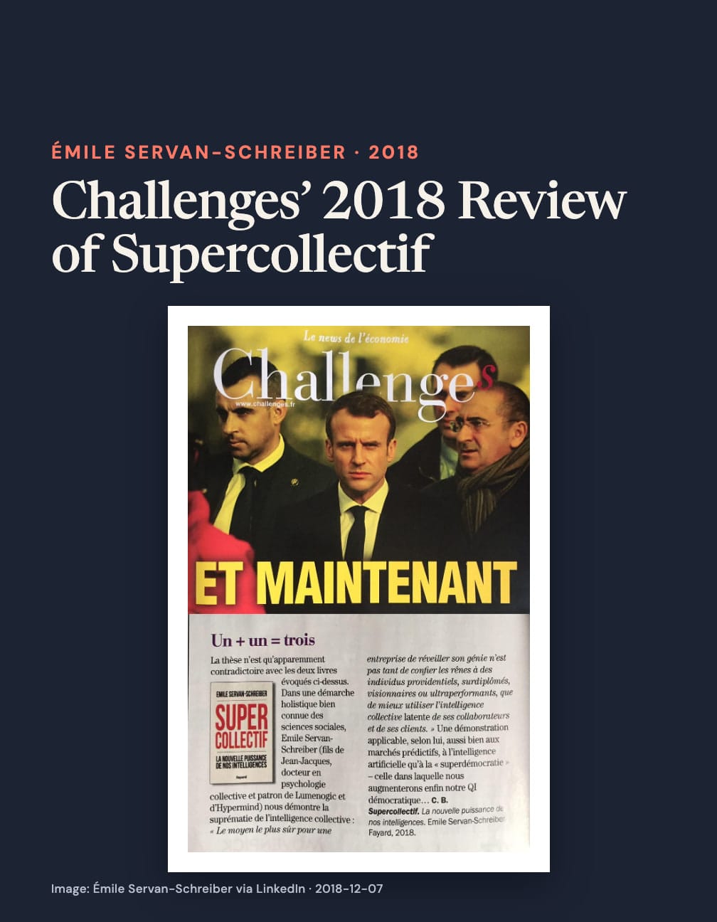 Navy card headed “Challenges’ 2018 Review of Supercollectif” above a Challenges magazine collage with men in suits, “ET MAINTENANT,” and a Supercollectif review headed “Un + un = trois”.
