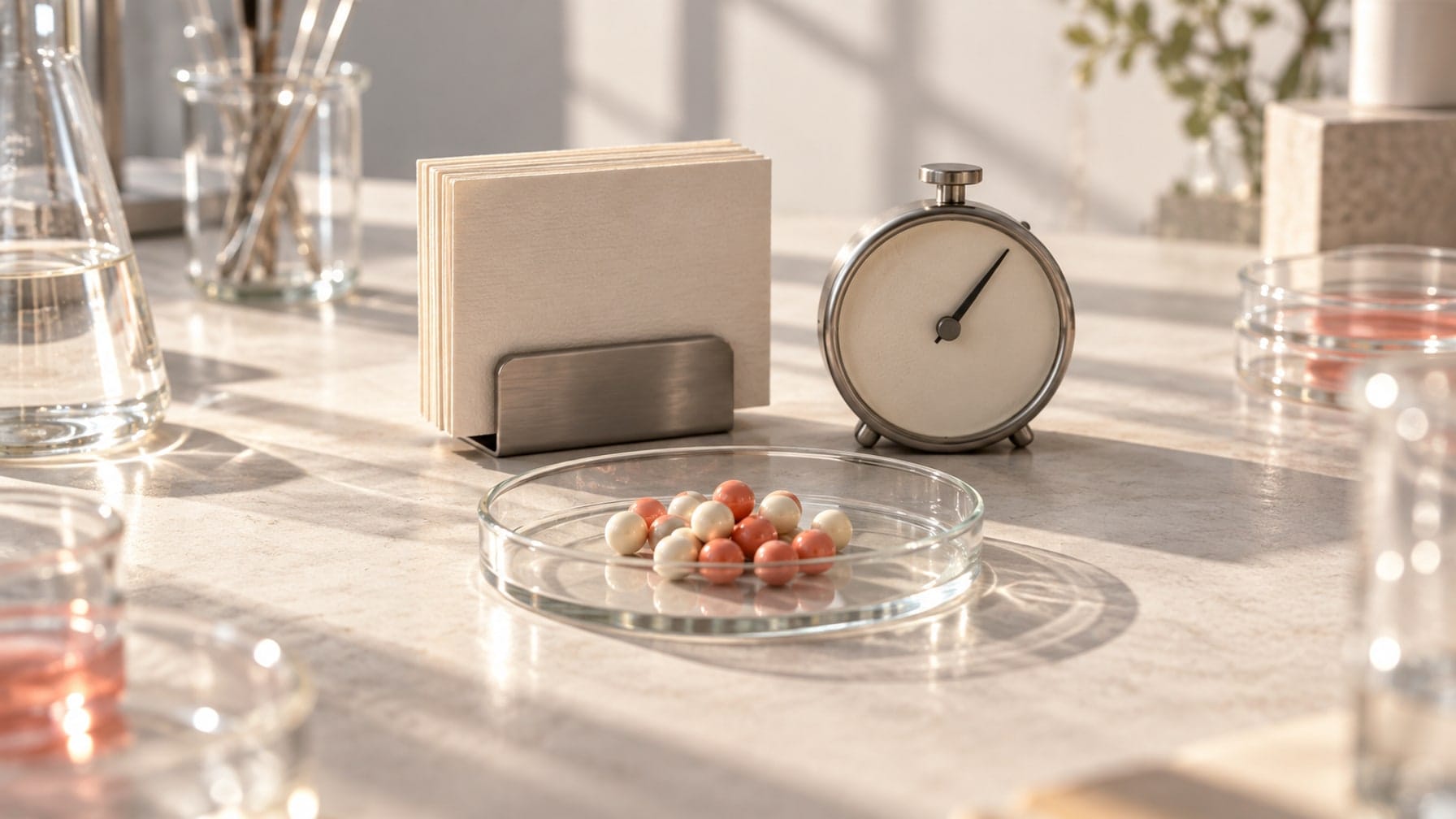 Editorial illustration of a petri dish holding coral and ivory beads beside research cards and a timer.