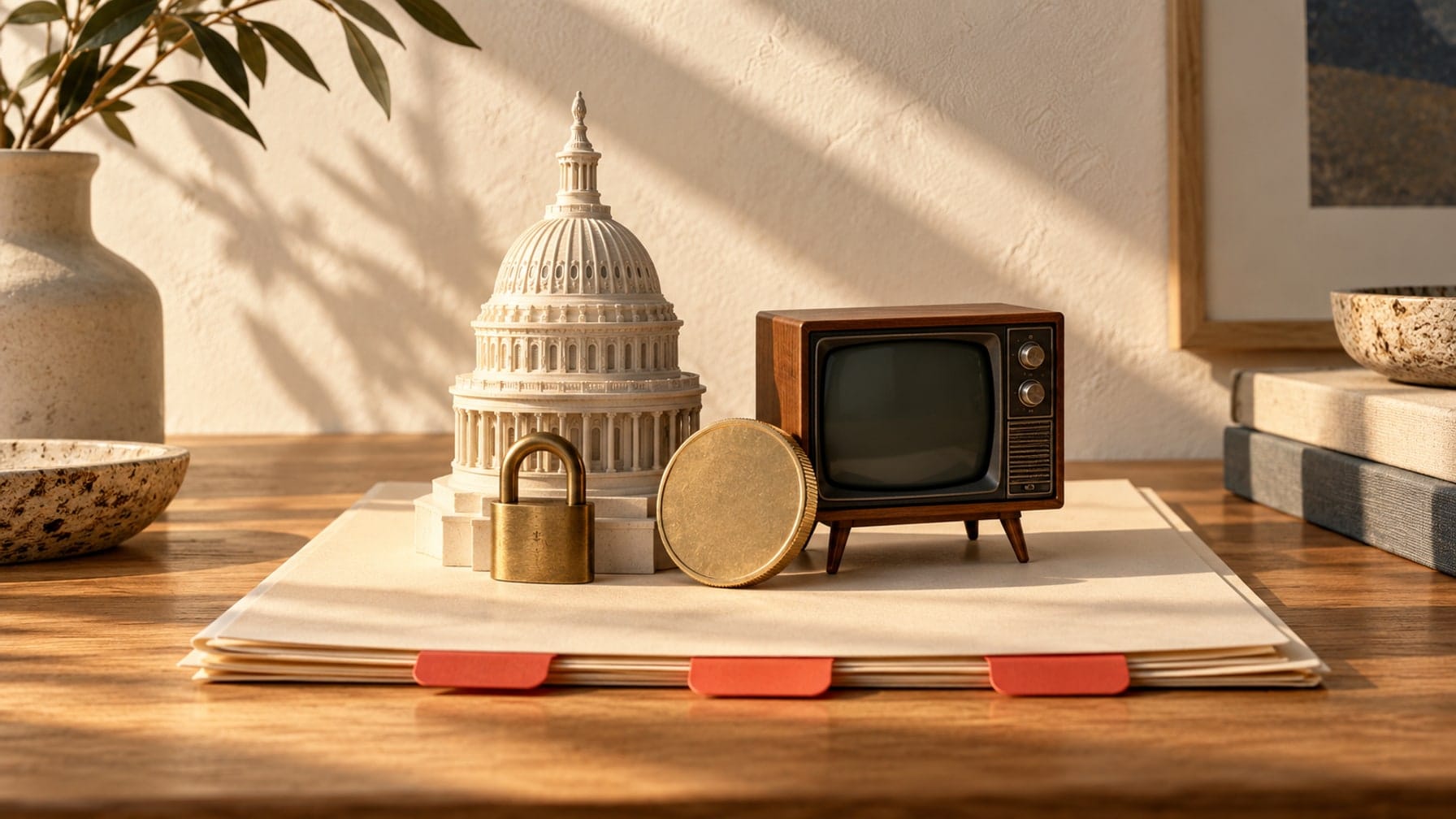 Editorial illustration of a Capitol dome miniature with a padlock, a plain gold coin, and a small blank television on an archival folder.