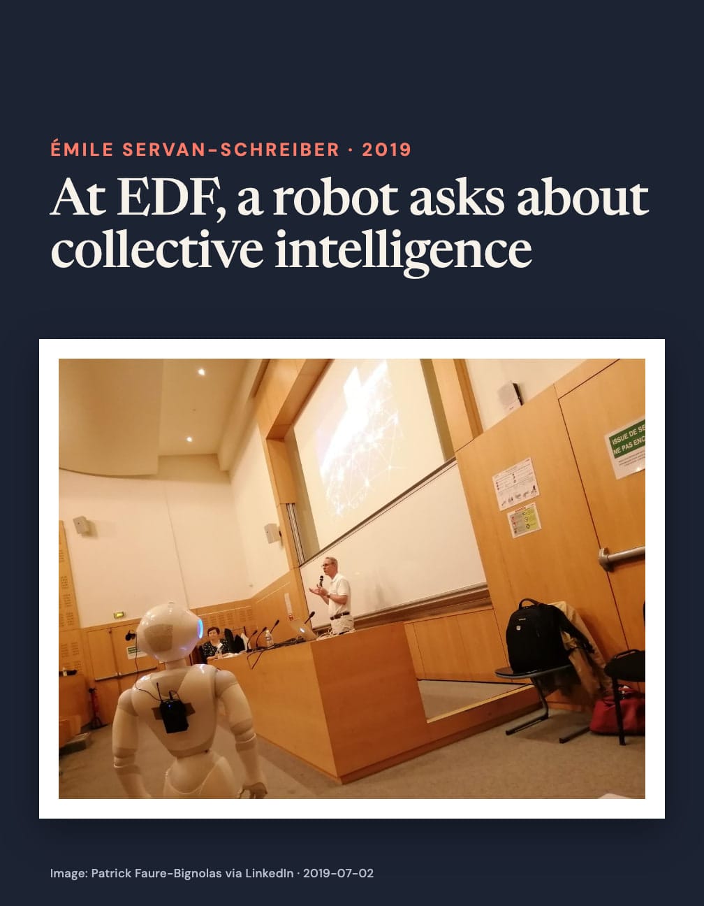 “At EDF, a robot asks about collective intelligence” above a photograph of a white humanoid robot facing a man speaking into a microphone in a wood-paneled lecture room on navy.