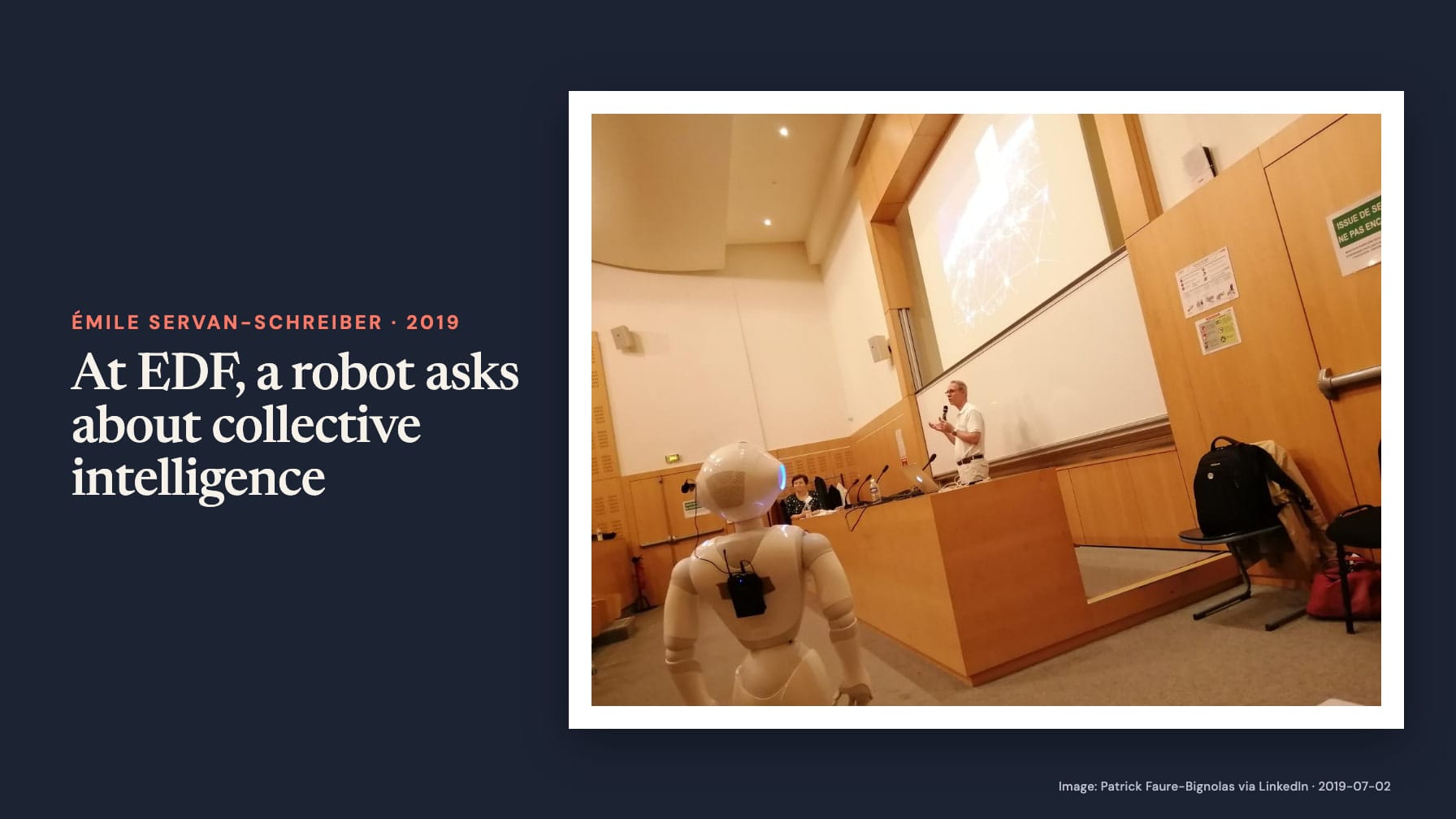 “At EDF, a robot asks about collective intelligence” beside a photograph of a white humanoid robot facing a man speaking into a microphone in a wood-paneled lecture room on navy.