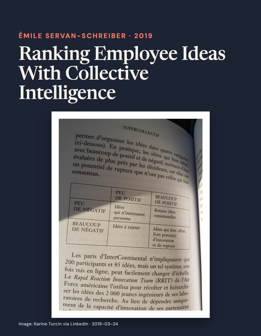 “Ranking Employee Ideas With Collective Intelligence” above a photographed Supercollectif page with a table sorting ideas by positive and negative reactions into consensus, rejection and debate on navy.