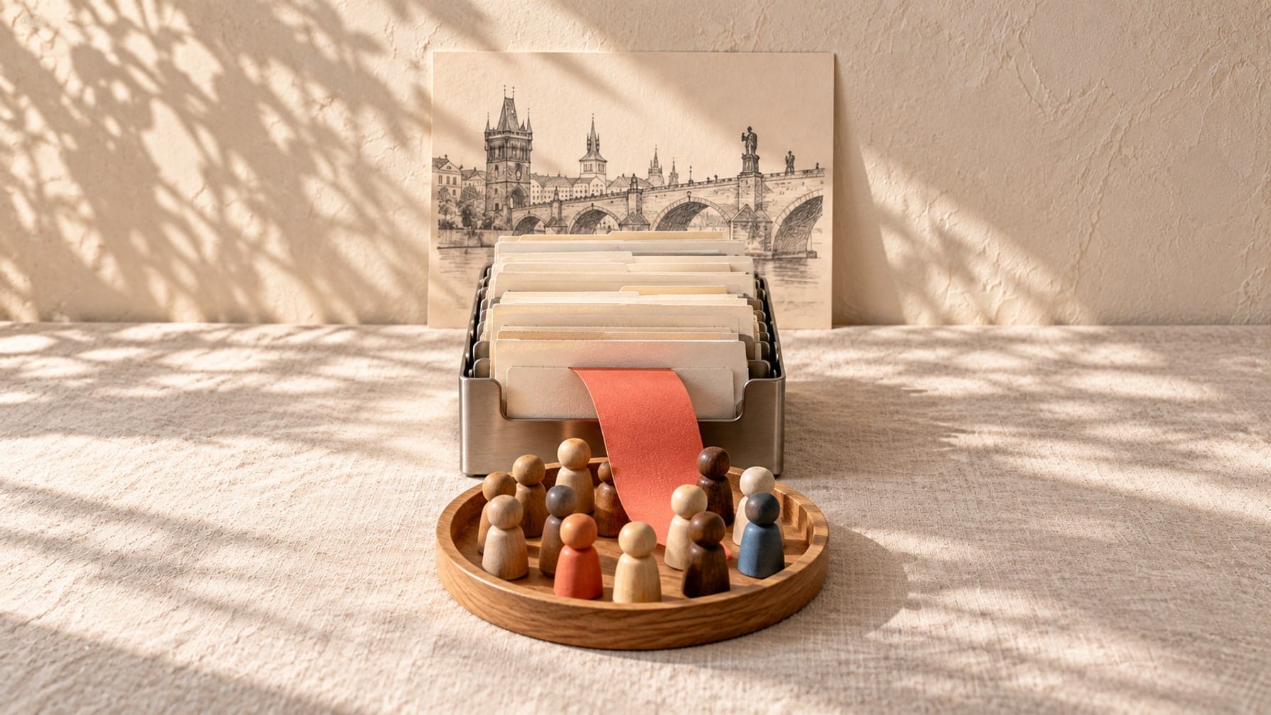 Editorial illustration of research cards passing from a metal sorting rack to a circle of wooden forecaster pegs, with a Prague bridge sketch behind.