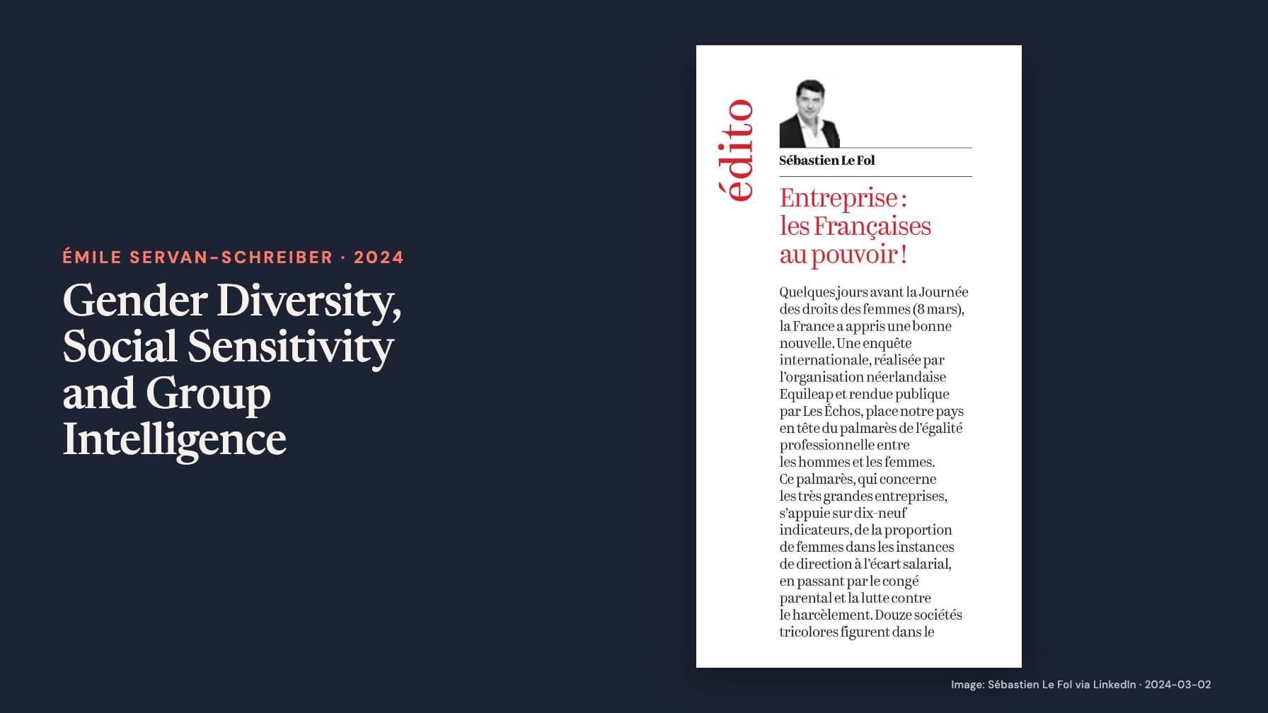 “Gender Diversity, Social Sensitivity and Group Intelligence” beside a narrow French column with Sébastien Le Fol’s headshot and the red heading “Entreprise: les Françaises au pouvoir!” on navy.