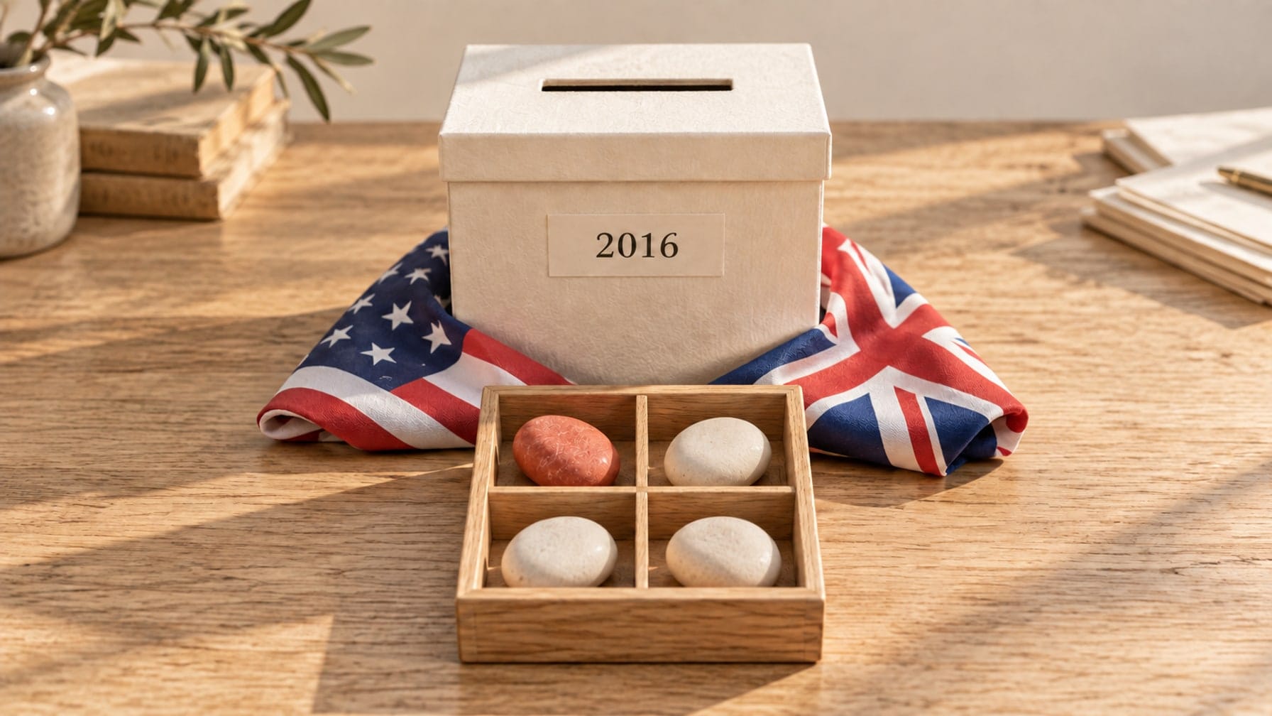 Editorial illustration of a 2016 ballot box, American and British flags, and four stones with one coral stone