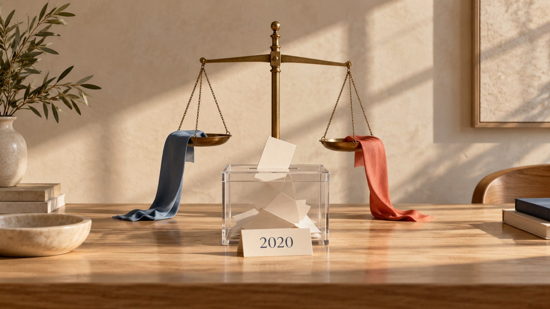 Editorial illustration of a ballot box beneath nearly level scales with blue and coral ribbons and a 2020 card.