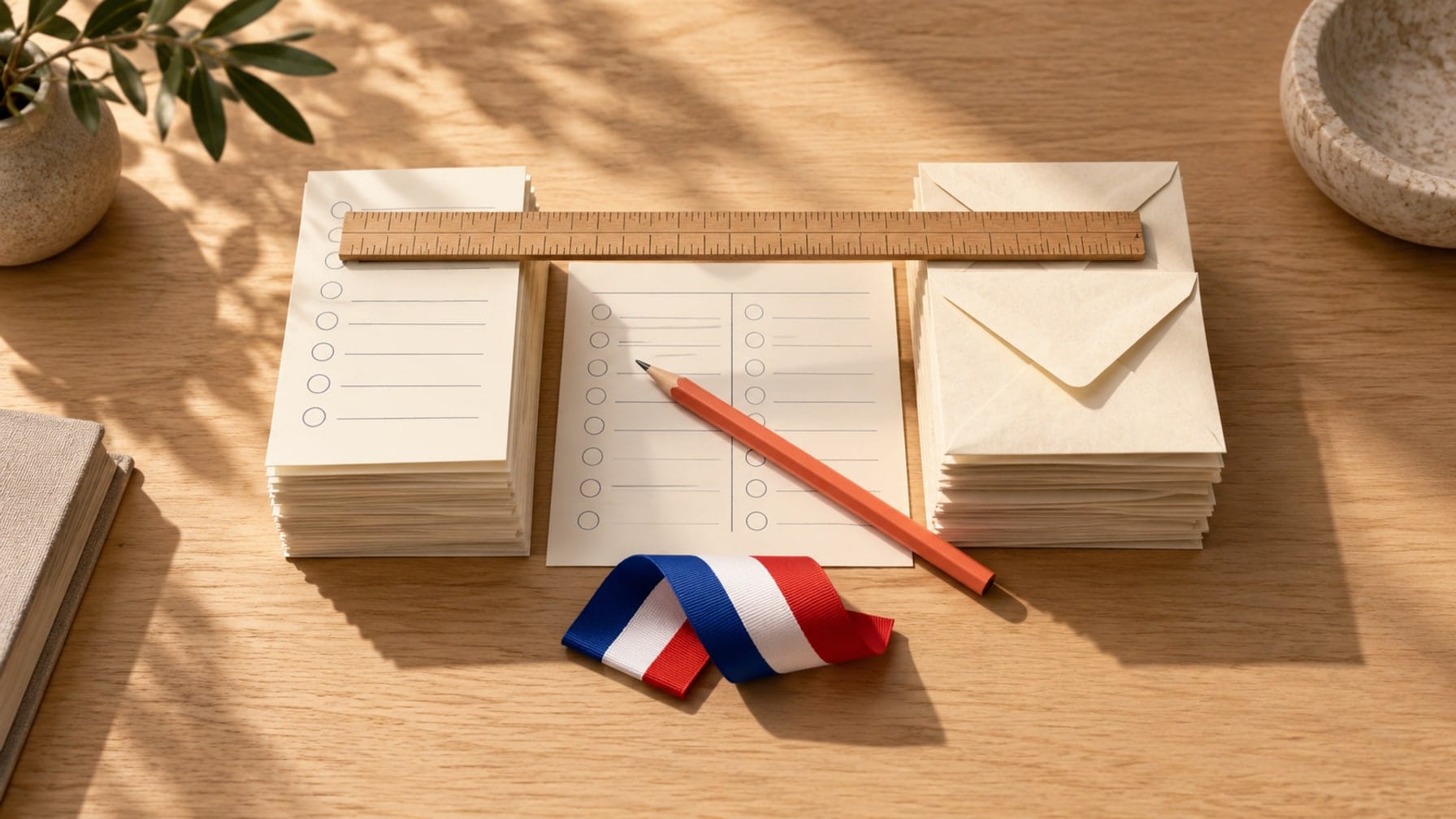Editorial illustration of survey cards, ballot envelopes and a French tricolour ribbon arranged for comparison.