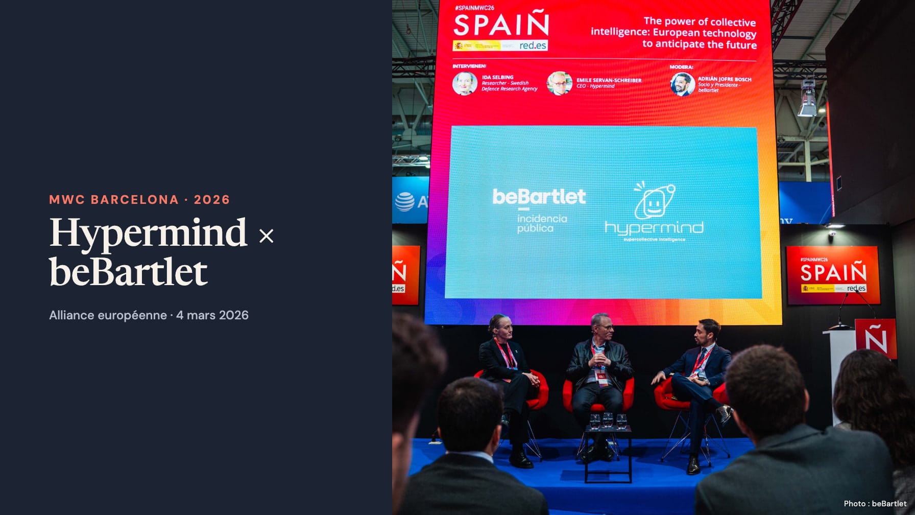 Ida Selbing, Émile Servan-Schreiber and Adrián Jofre Bosch seated beneath a large Spain Pavilion screen displaying the beBartlet and Hypermind logos, beside a navy panel reading “Hypermind × beBartlet”, MWC Barcelona · 2026 and Alliance européenne · 4 mars 2026.