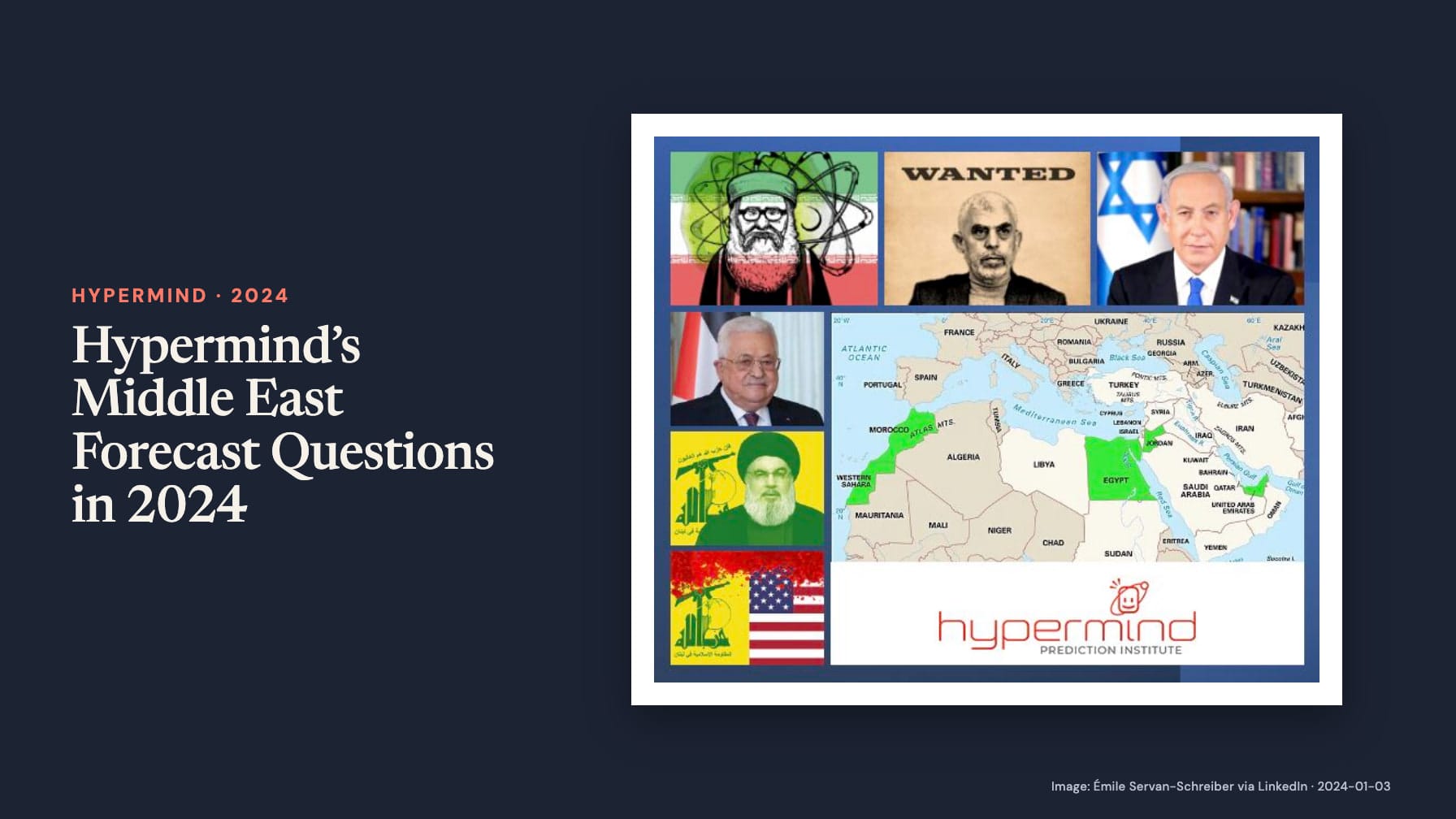 Navy cover headed “Hypermind’s Middle East Forecast Questions in 2024” beside a collage of portraits, a “WANTED” panel, flags, a Middle East and North Africa map, and the Hypermind logo.