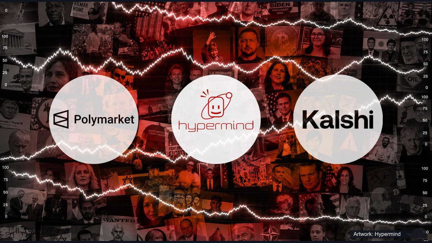 Polymarket, Hypermind and Kalshi logos in three white circles over Hypermind’s red-and-black news collage and white probability traces.