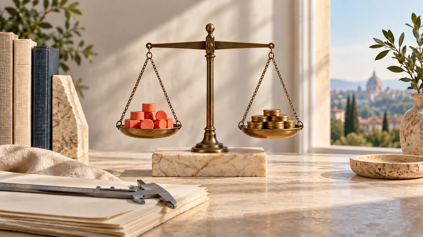 Editorial illustration of a balanced scale comparing coral game tokens with brass coins above research papers.