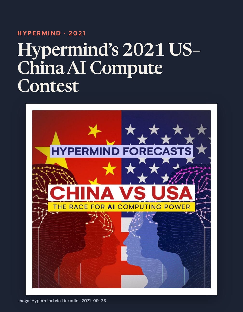 “Hypermind’s 2021 US–China AI Compute Contest” appears above a poster of facing head silhouettes over Chinese and US flags, reading “Hypermind Forecasts” and “China vs USA: The Race for AI Computing Power”.