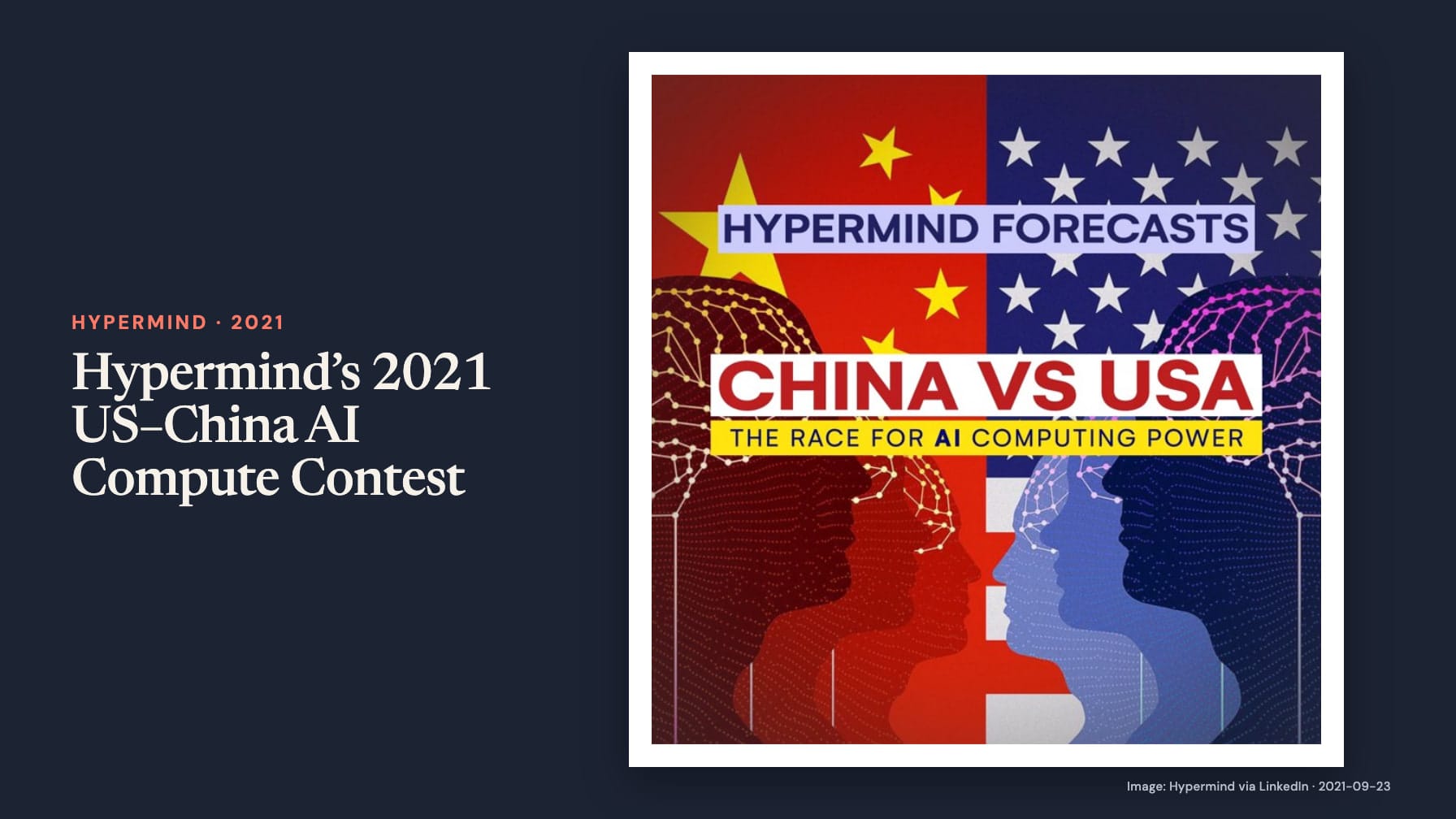“Hypermind’s 2021 US–China AI Compute Contest” sits beside a poster of facing head silhouettes over Chinese and US flags, reading “Hypermind Forecasts” and “China vs USA: The Race for AI Computing Power”.
