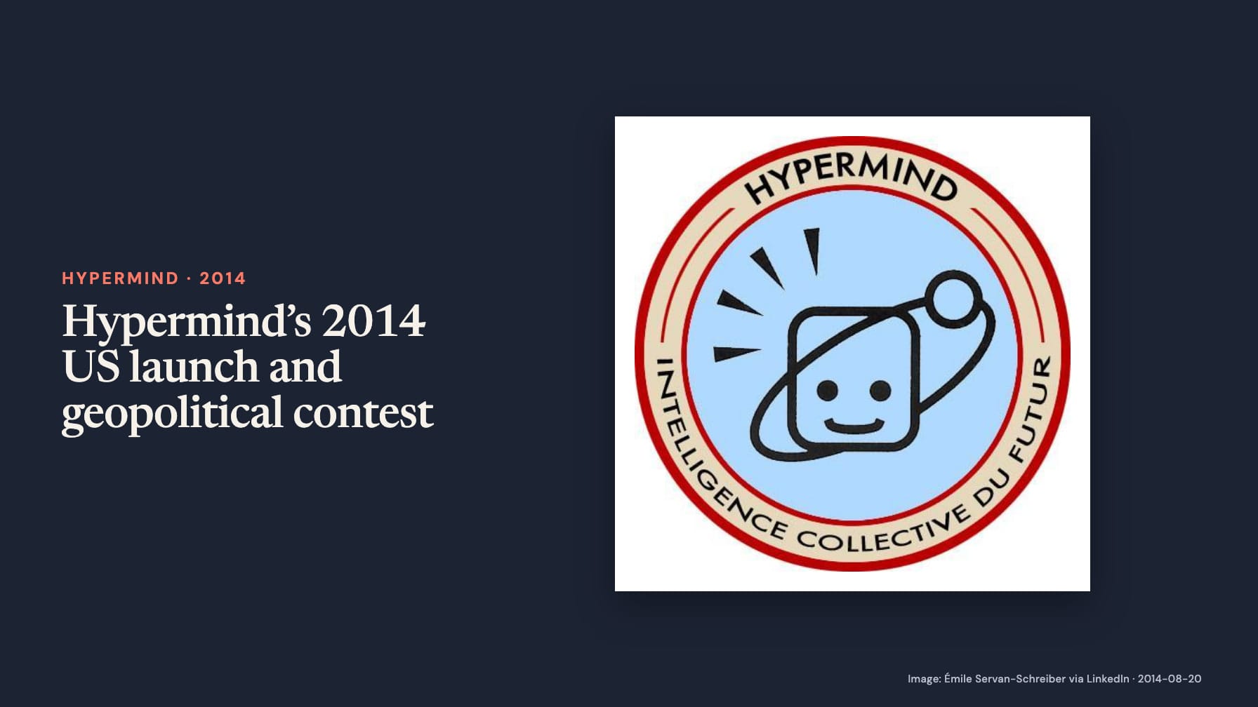 “Hypermind’s 2014 US launch and geopolitical contest” sits beside a circular red-bordered badge with a smiling square face and orbit, reading “Hypermind” and “Intelligence collective du futur”.