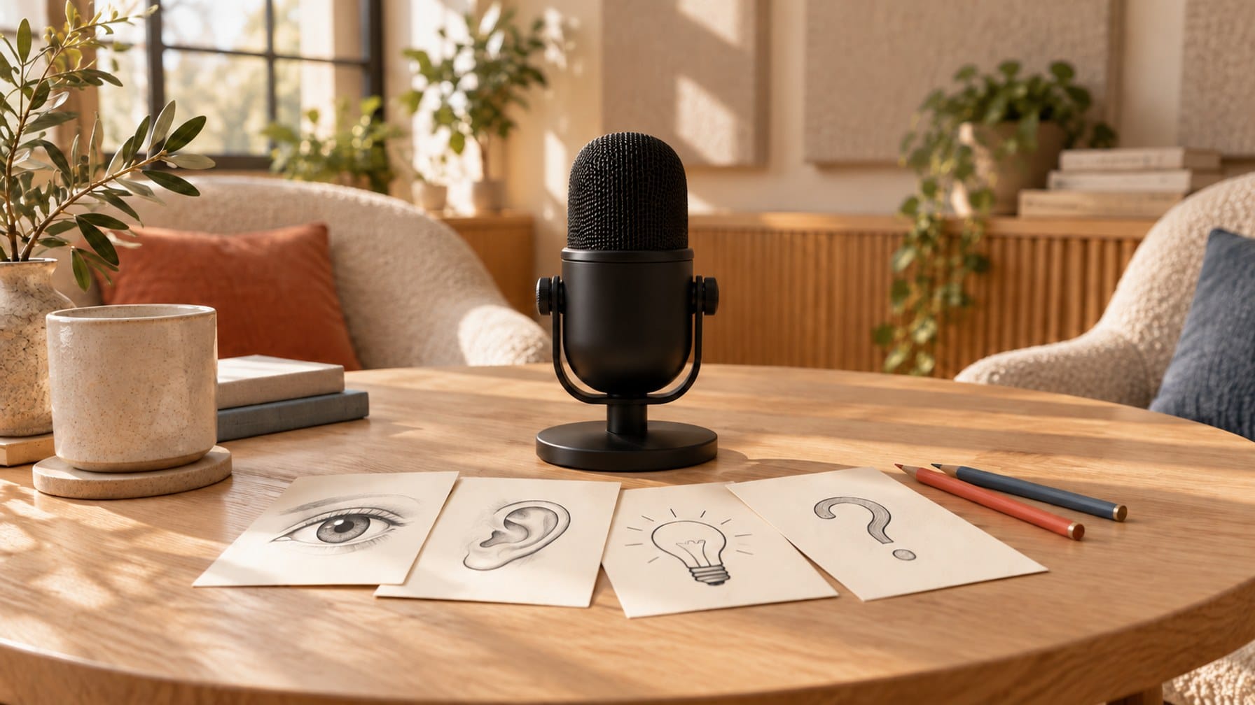 Editorial illustration of a podcast microphone surrounded by varied idea cards on a warm wooden table.