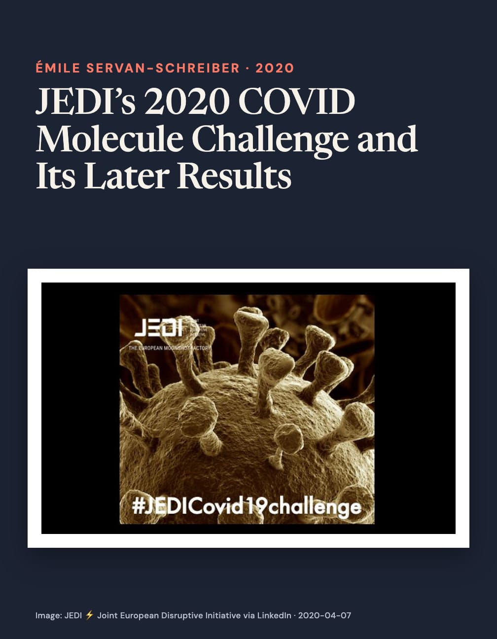 Navy card headed “JEDI’s 2020 COVID Molecule Challenge and Its Later Results” above a brown coronavirus rendering with the JEDI logo and “#JEDICovid19challenge”.