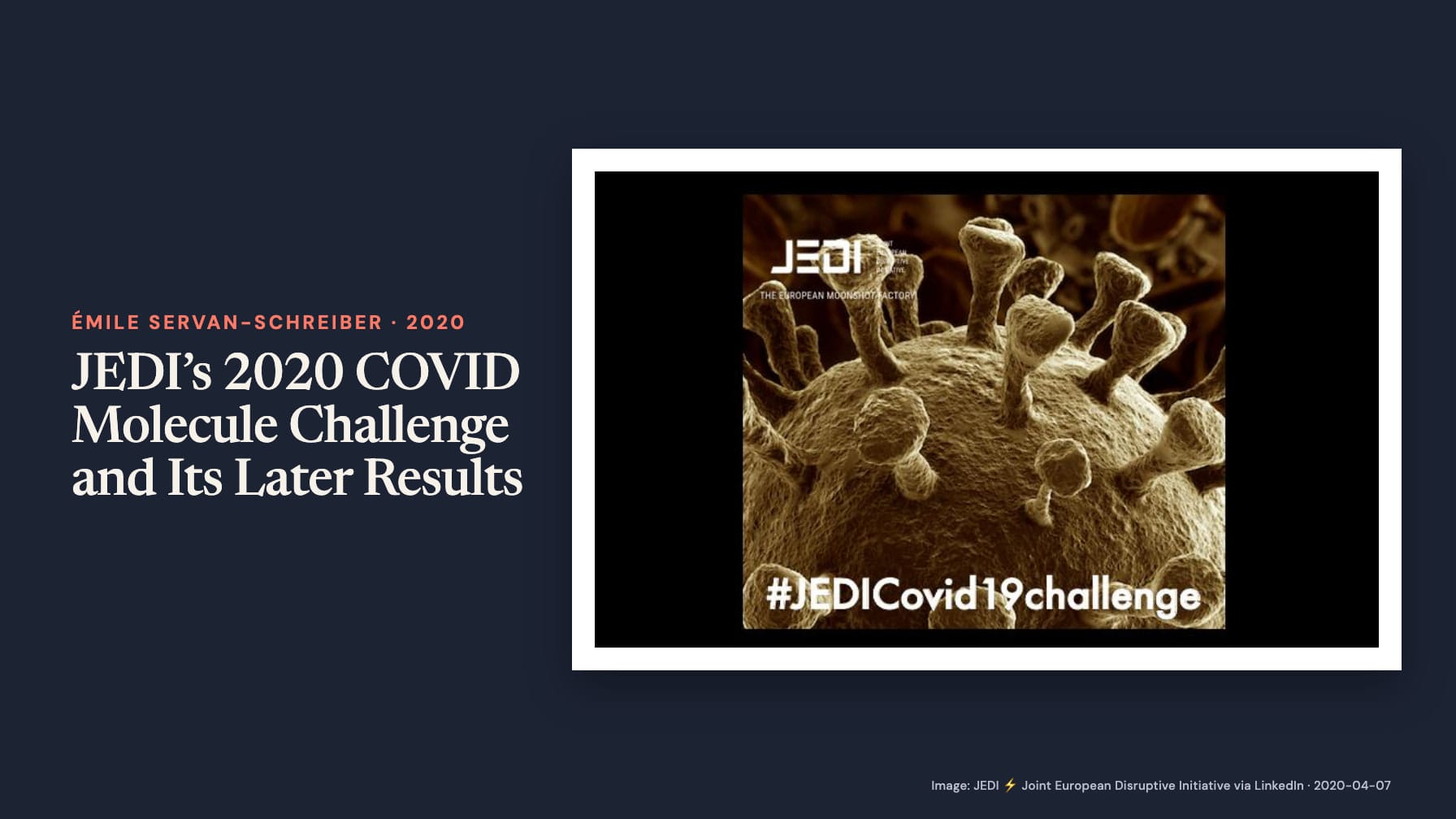 Navy cover headed “JEDI’s 2020 COVID Molecule Challenge and Its Later Results” beside a brown coronavirus rendering with the JEDI logo and “#JEDICovid19challenge”.