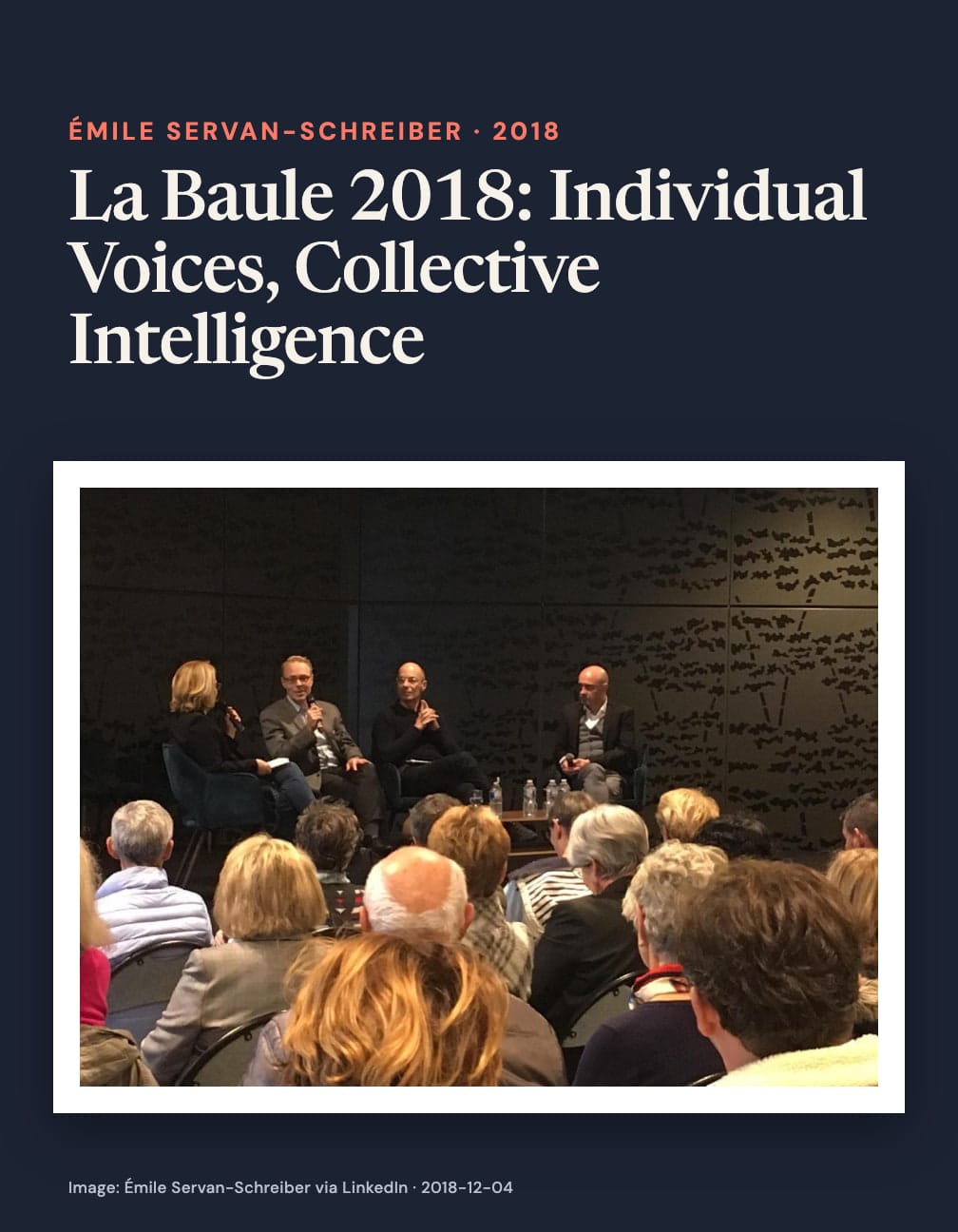 “La Baule 2018: Individual Voices, Collective Intelligence” appears above a photograph of a woman and three men seated with microphones in front of an audience against a dark patterned wall.