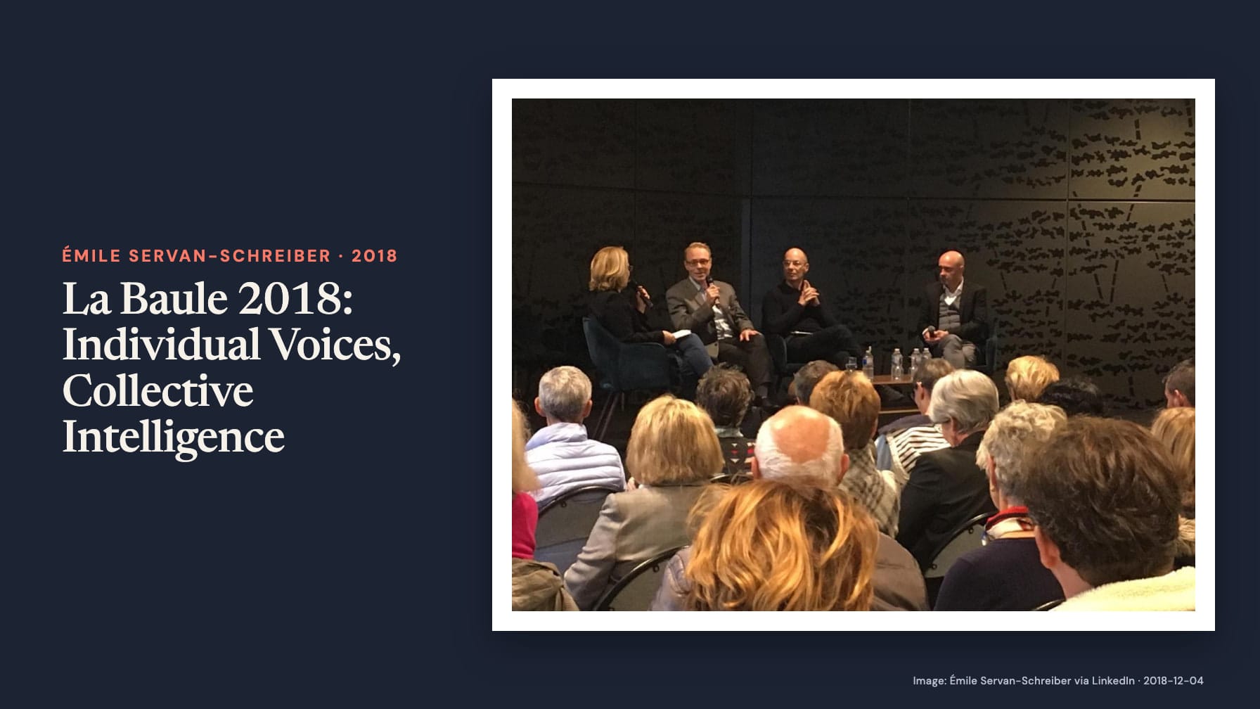 “La Baule 2018: Individual Voices, Collective Intelligence” sits beside a photograph of a woman and three men seated with microphones in front of an audience against a dark patterned wall.