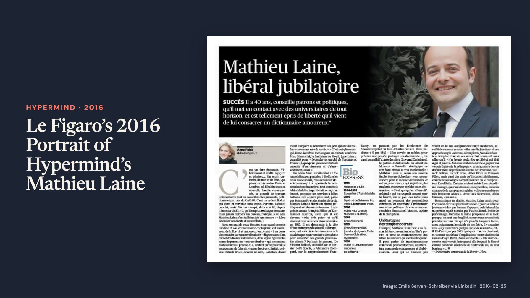 “Le Figaro’s 2016 Portrait of Hypermind’s Mathieu Laine” sits beside a newspaper clipping headed “Mathieu Laine, libéral jubilatoire”, with his smiling portrait above columns of text.