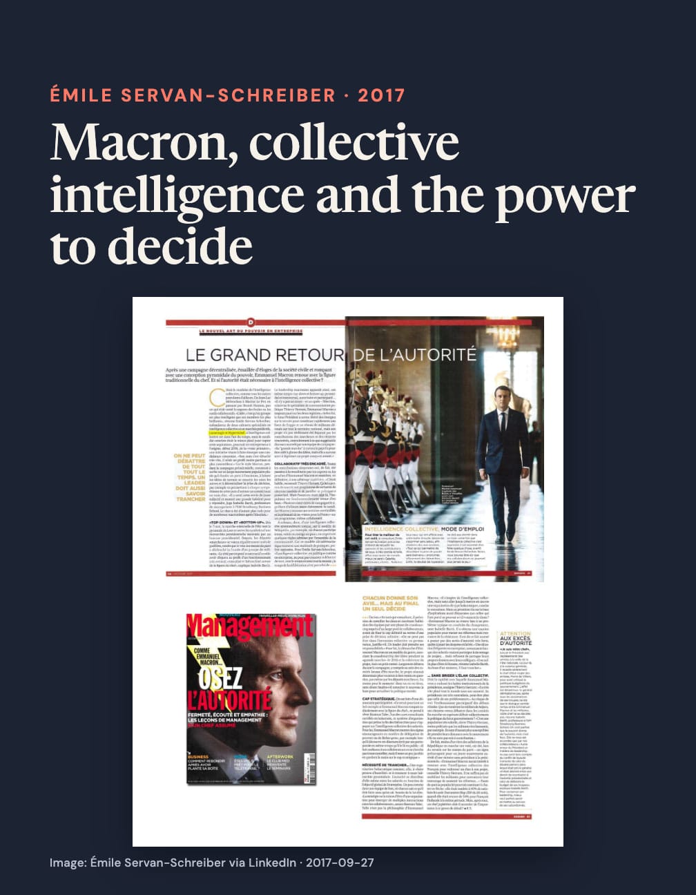 “Macron, collective intelligence and the power to decide” above Management magazine pages headed “Le grand retour de l’autorité,” with photographs of Emmanuel Macron and a cover reading “Osez l’autorité” on navy.