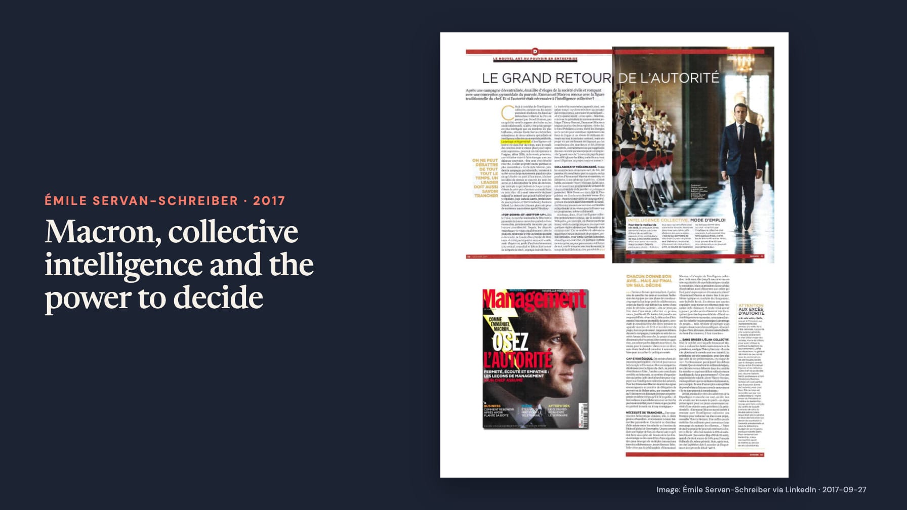 “Macron, collective intelligence and the power to decide” beside Management magazine pages headed “Le grand retour de l’autorité,” with photographs of Emmanuel Macron and a cover reading “Osez l’autorité” on navy.