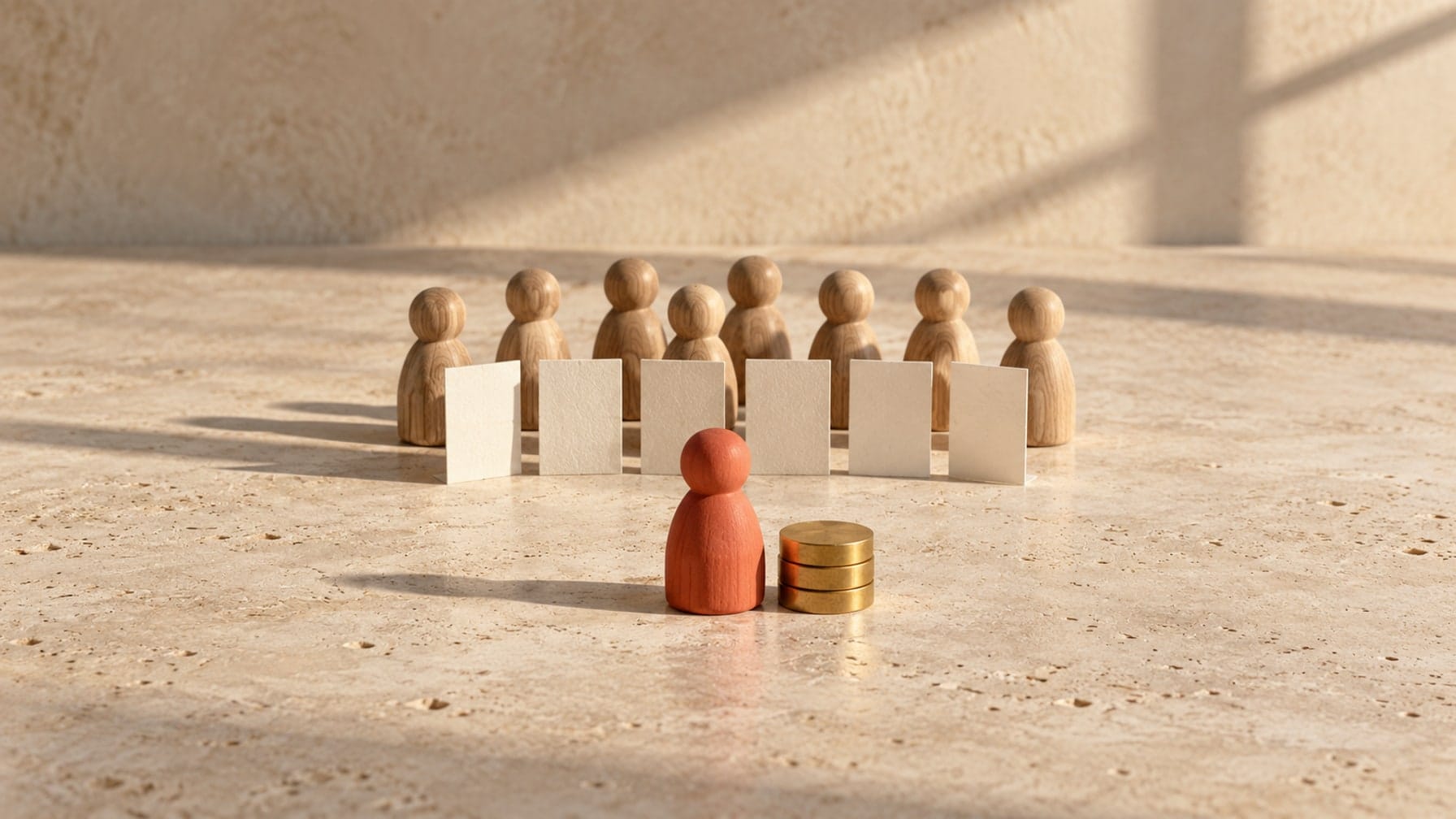 Editorial illustration of a coral wooden forecaster with reward discs in front of a crowd of oak figures and blank cards.