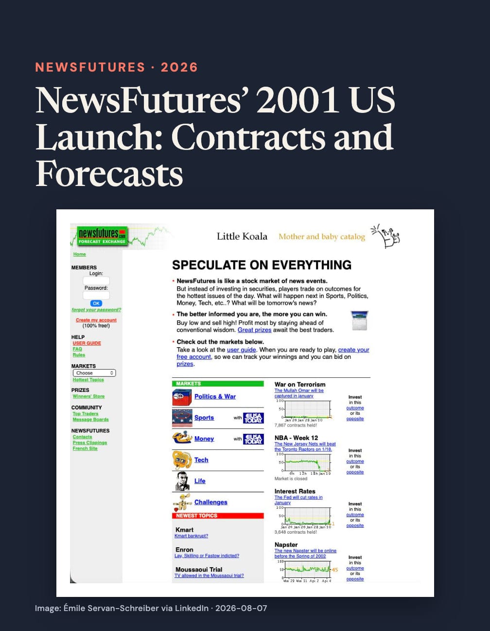 “NewsFutures’ 2001 US Launch: Contracts and Forecasts” above a NewsFutures homepage screenshot headed “SPECULATE ON EVERYTHING,” with market categories, USA TODAY logos and small forecast charts on navy.