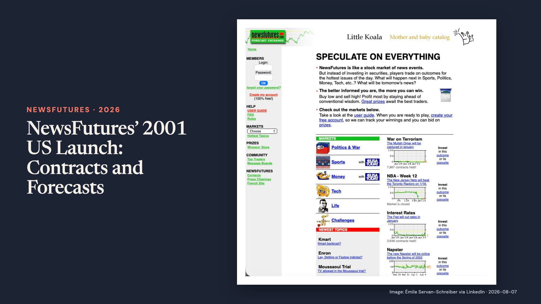 “NewsFutures’ 2001 US Launch: Contracts and Forecasts” beside a NewsFutures homepage screenshot headed “SPECULATE ON EVERYTHING,” with market categories, USA TODAY logos and small forecast charts on navy.
