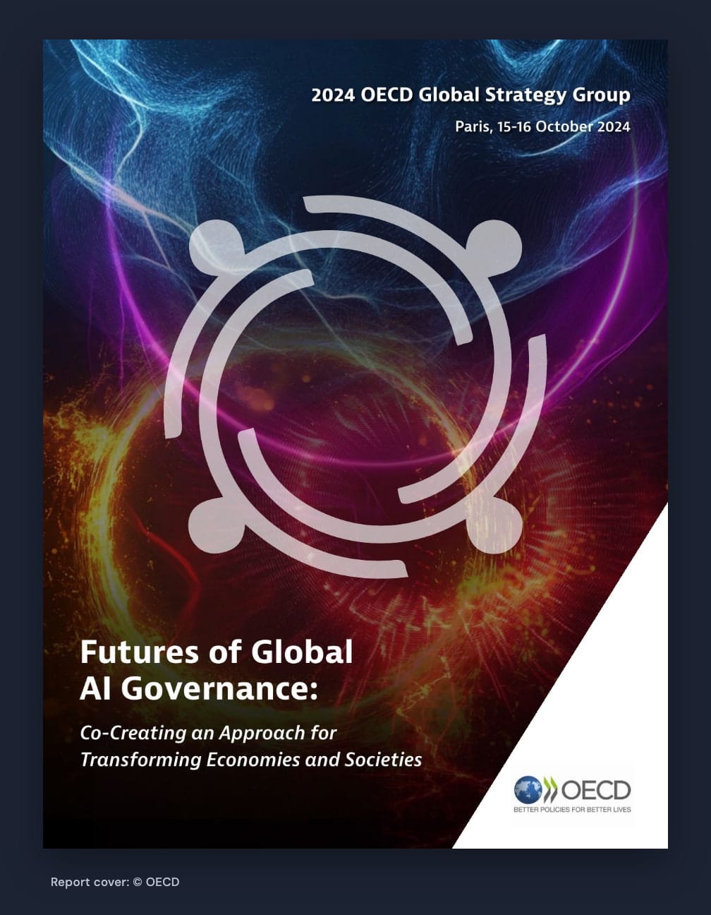 The complete 2024 OECD Global Strategy Group report cover titled Futures of Global AI Governance: Co-Creating an Approach for Transforming Economies and Societies, with the OECD logo.