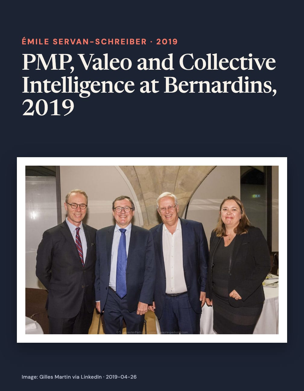 “PMP, Valeo and Collective Intelligence at Bernardins, 2019” above a photograph of three men and a woman in business attire posing beneath a stone arch on navy.