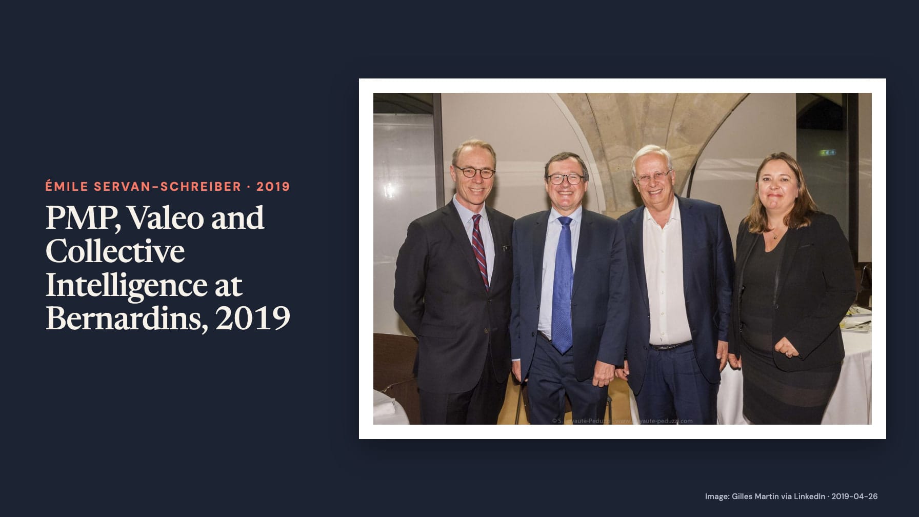 “PMP, Valeo and Collective Intelligence at Bernardins, 2019” beside a photograph of three men and a woman in business attire posing beneath a stone arch on navy.