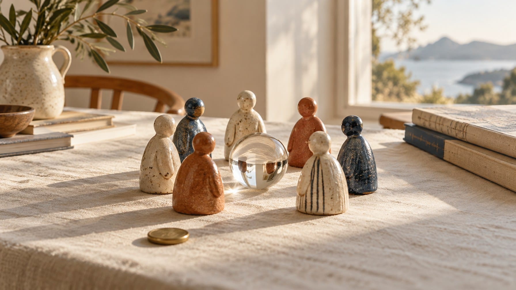 Editorial illustration of varied ceramic figures gathered around a clear glass sphere, with a coin set outside the group.