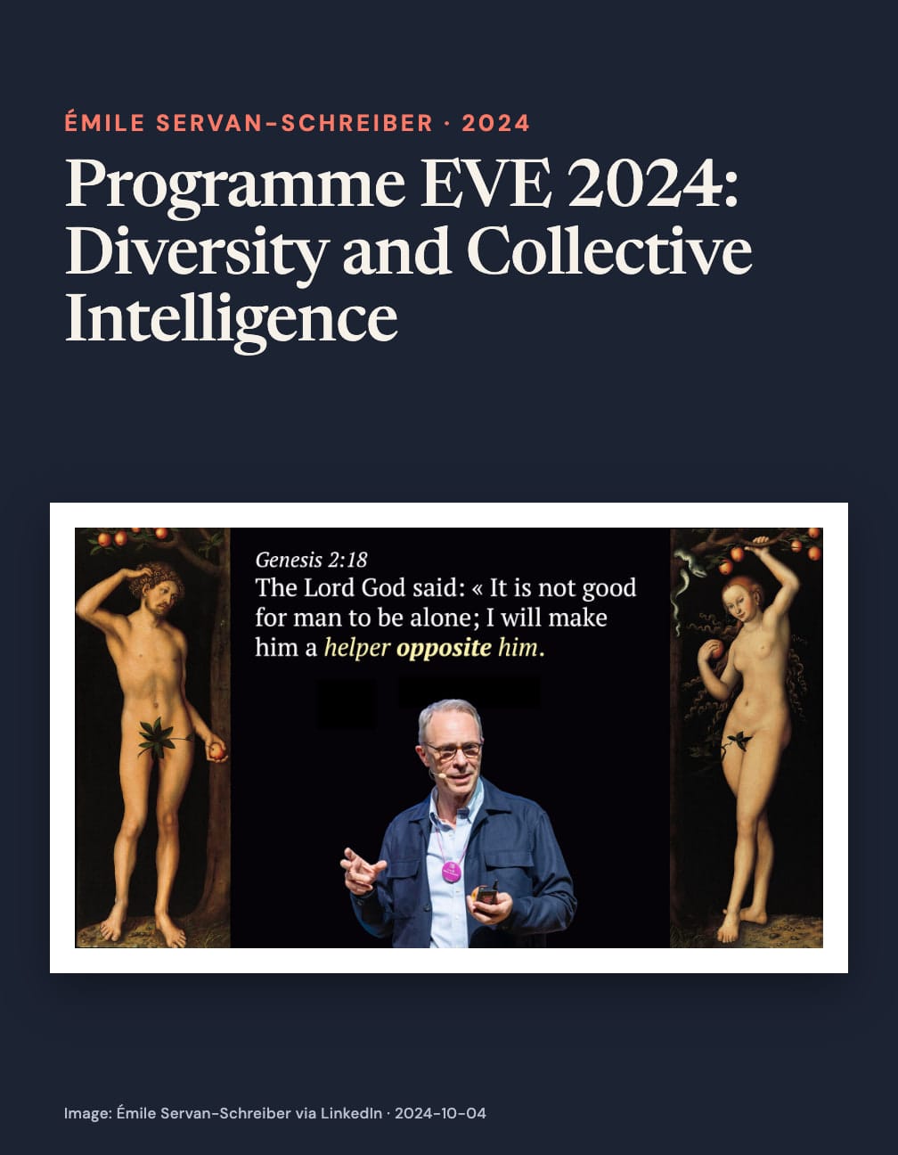 “Programme EVE 2024: Diversity and Collective Intelligence” above a speaker between paintings of Adam and Eve under a Genesis 2:18 quotation highlighting “helper opposite him” on navy.