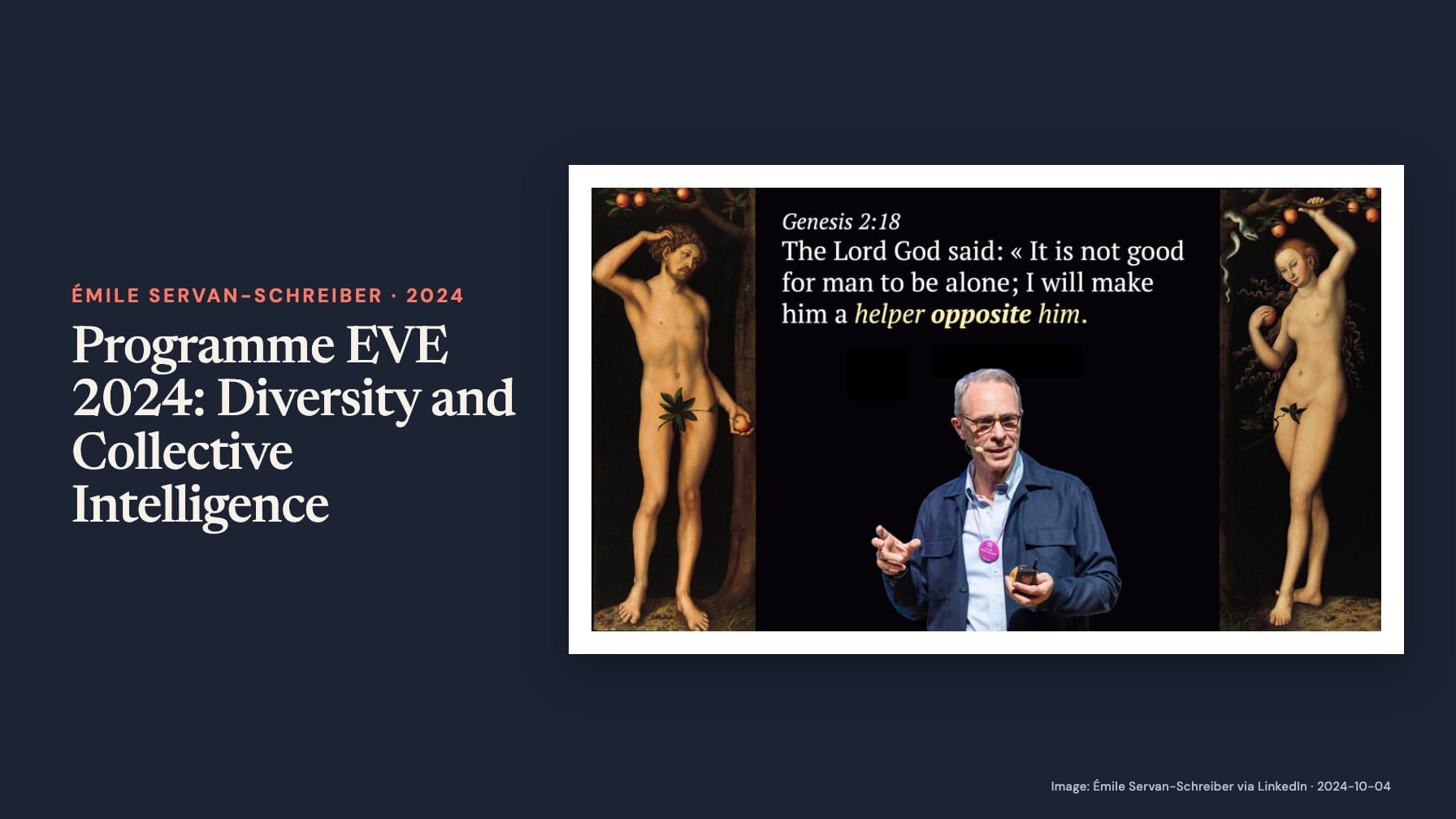 “Programme EVE 2024: Diversity and Collective Intelligence” beside a speaker between paintings of Adam and Eve under a Genesis 2:18 quotation highlighting “helper opposite him” on navy.
