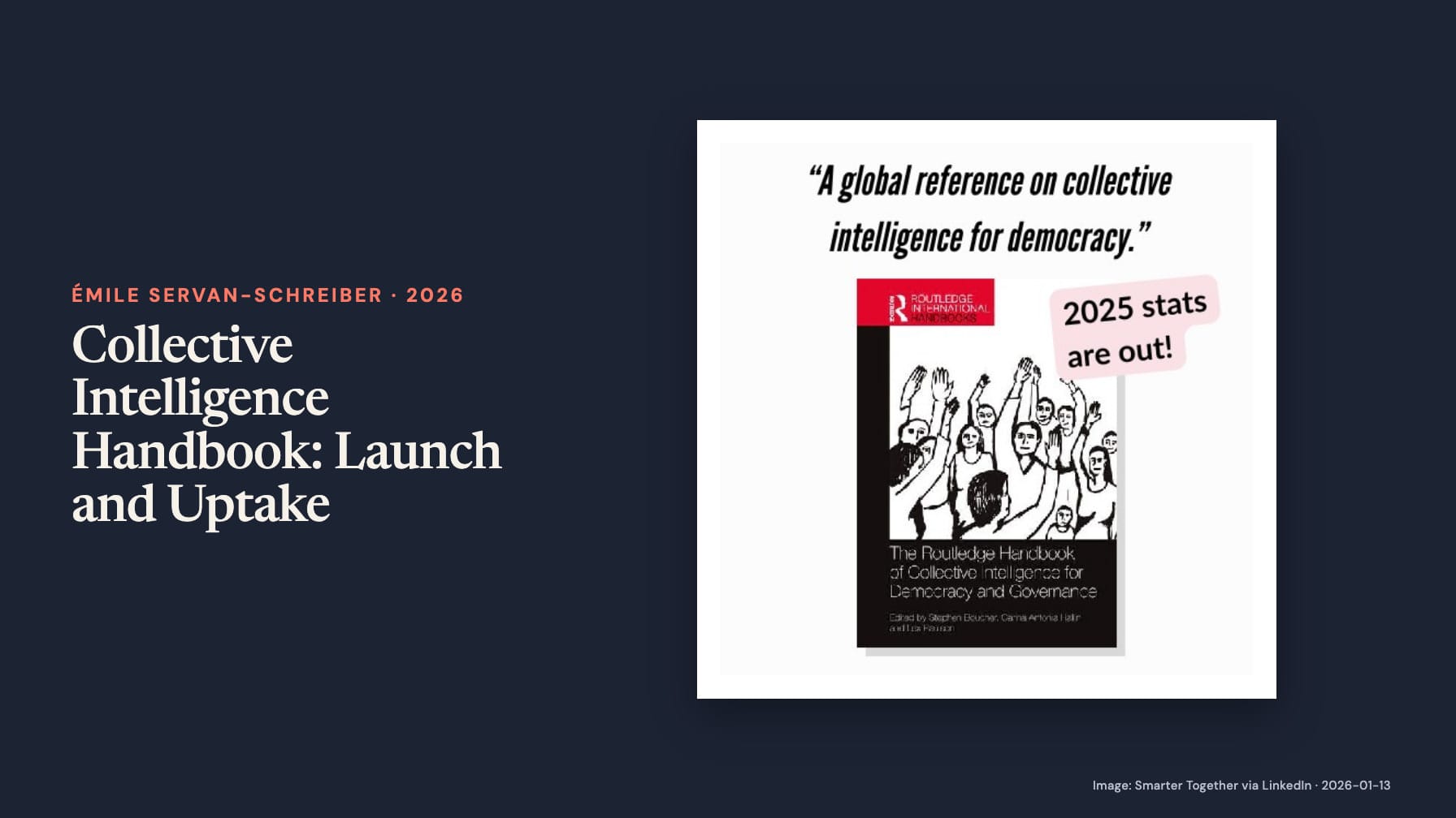 “Collective Intelligence Handbook: Launch and Uptake” beside a Routledge collective intelligence handbook cover showing raised hands, with a pink label reading “2025 stats are out!” on navy.