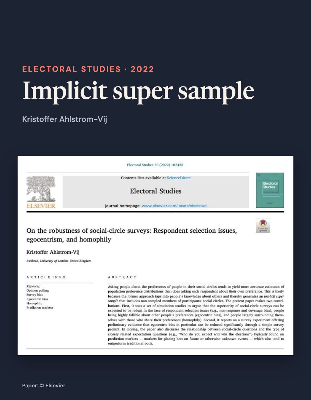 The paper’s Electoral Studies masthead, complete title, author and abstract beneath the text Electoral Studies · 2022, Implicit super sample and Kristoffer Ahlstrom-Vij.