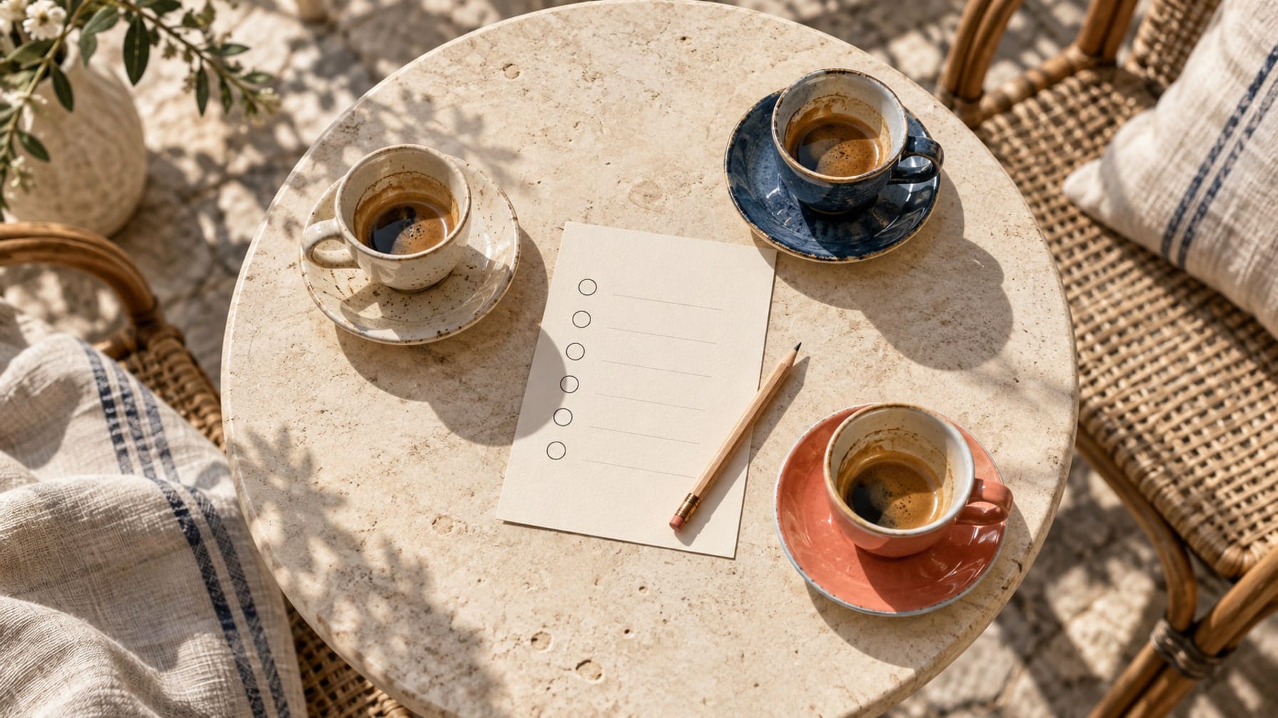 Editorial illustration of three espresso cups around a survey card on a café table.