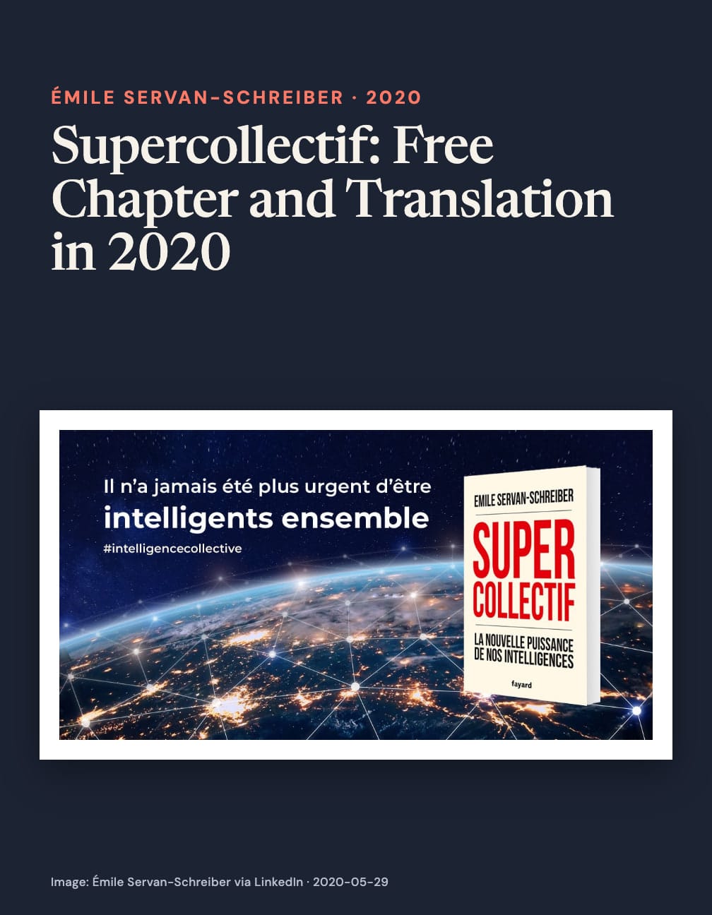 Navy card headed “Supercollectif: Free Chapter and Translation in 2020” above a Supercollectif book mockup over a networked Earth at night with “Il n’a jamais été plus urgent d’être intelligents ensemble”.