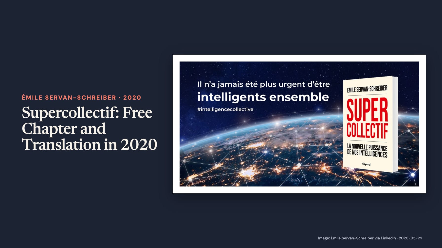 Navy cover headed “Supercollectif: Free Chapter and Translation in 2020” beside a Supercollectif book mockup over a networked Earth at night with “Il n’a jamais été plus urgent d’être intelligents ensemble”.
