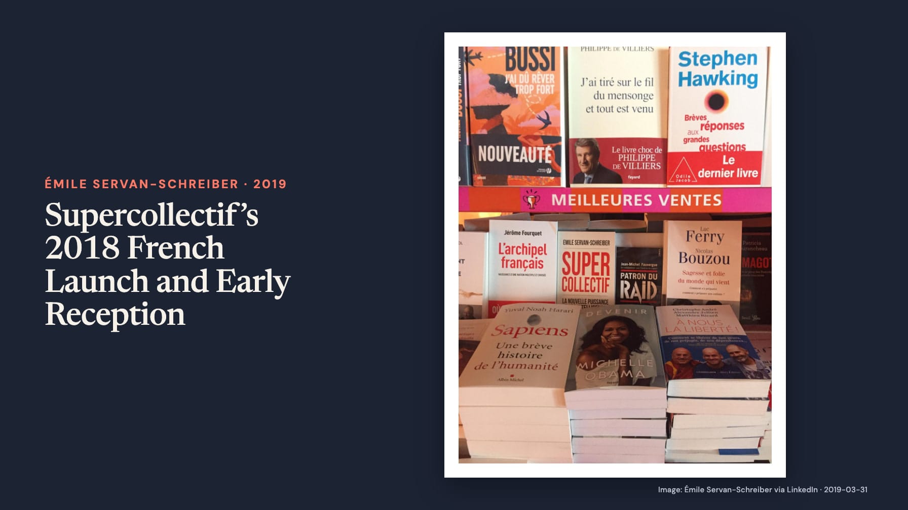 “Supercollectif’s 2018 French Launch and Early Reception” sits beside a bookshop display labelled “Meilleures ventes”, with Supercollectif among other books and stacks of Sapiens and Michelle Obama’s Devenir.