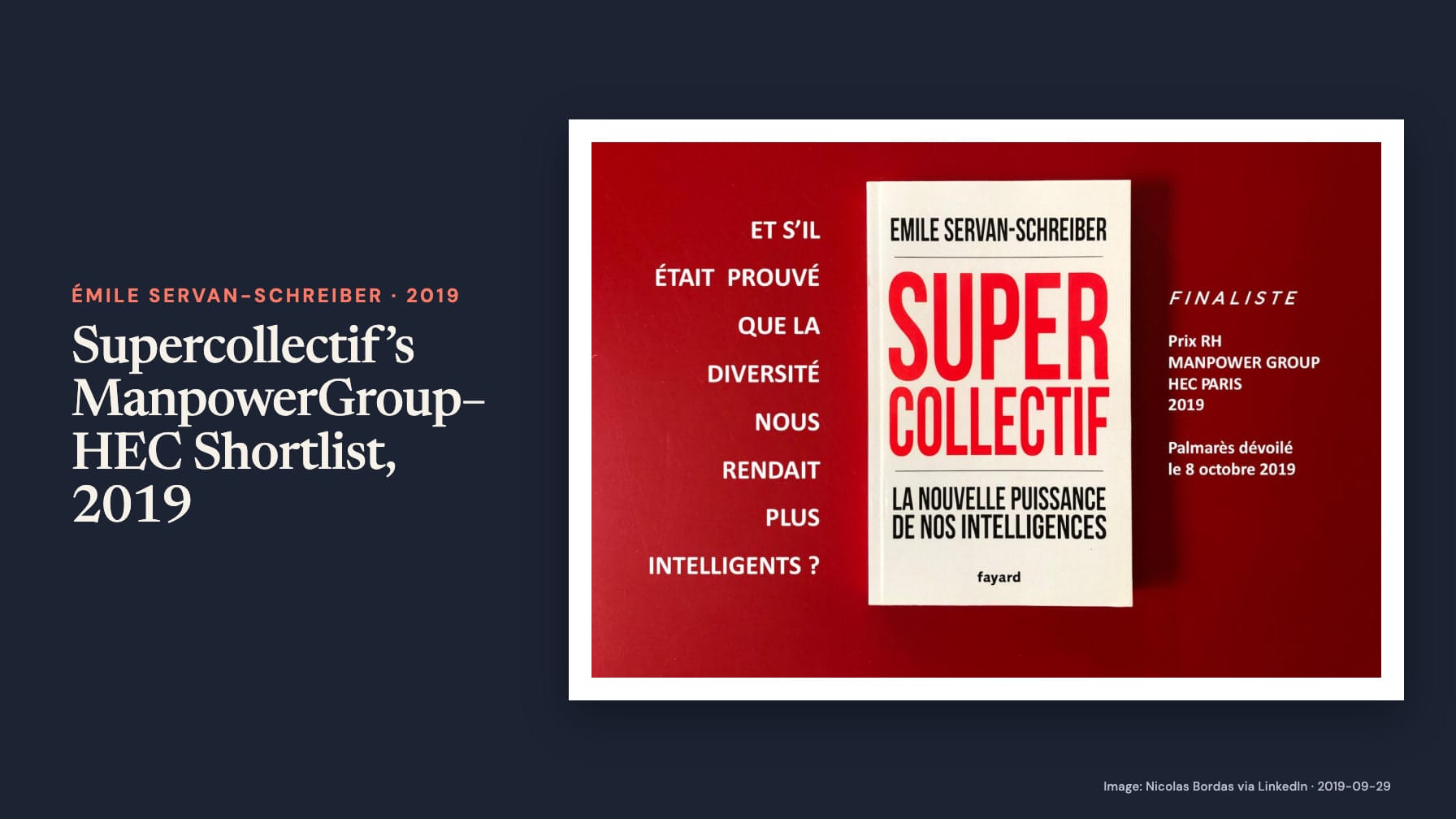 “Supercollectif’s ManpowerGroup–HEC Shortlist, 2019” beside a red poster displaying Supercollectif and “Finaliste, Prix RH Manpower Group HEC Paris 2019,” with results announced 8 October 2019 on navy.