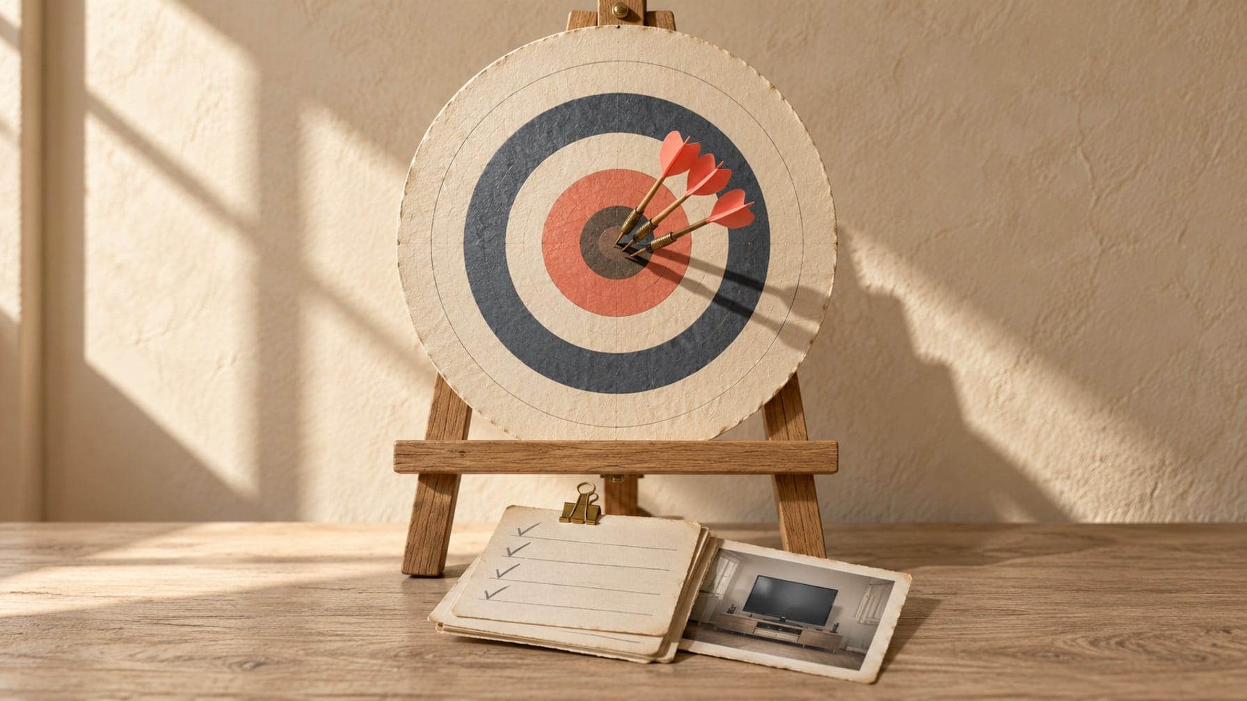 Editorial illustration of three coral-feathered darts grouped near a paper target's center above a clipped stack of checked archival cards.