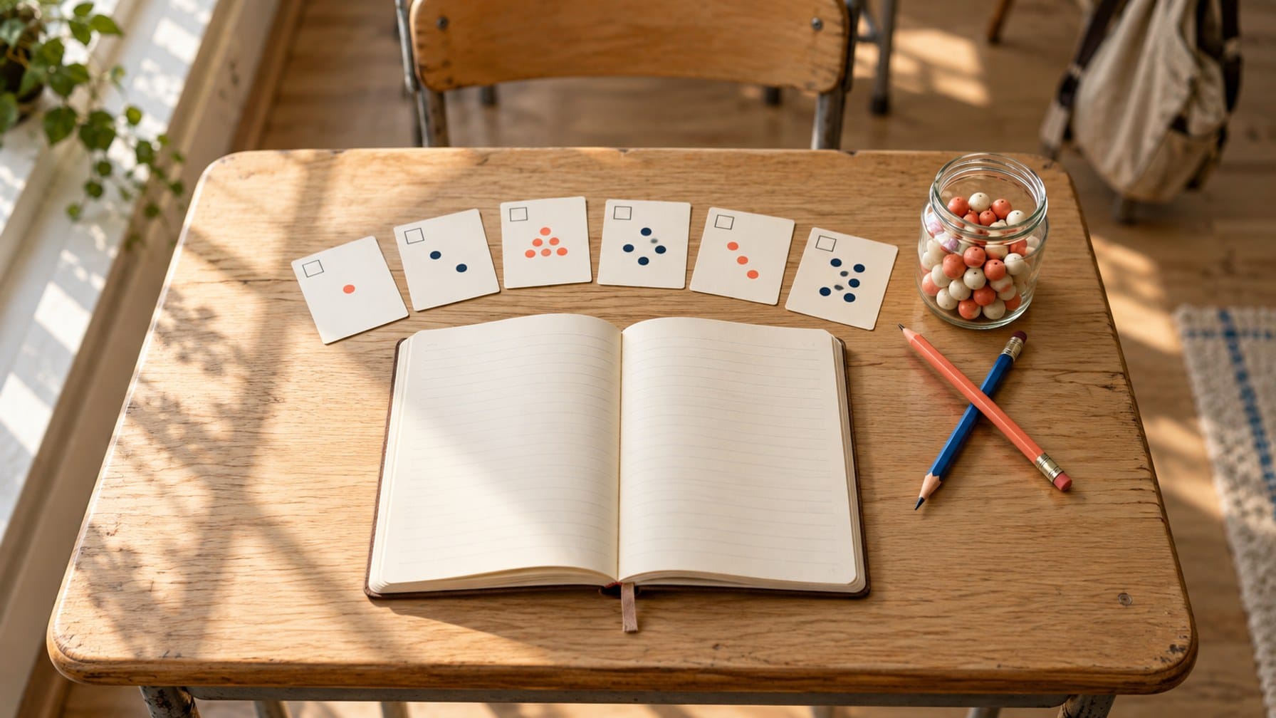 Editorial illustration of a student notebook, independent answer cards and a bead-filled glass jar used for a forecasting exercise.